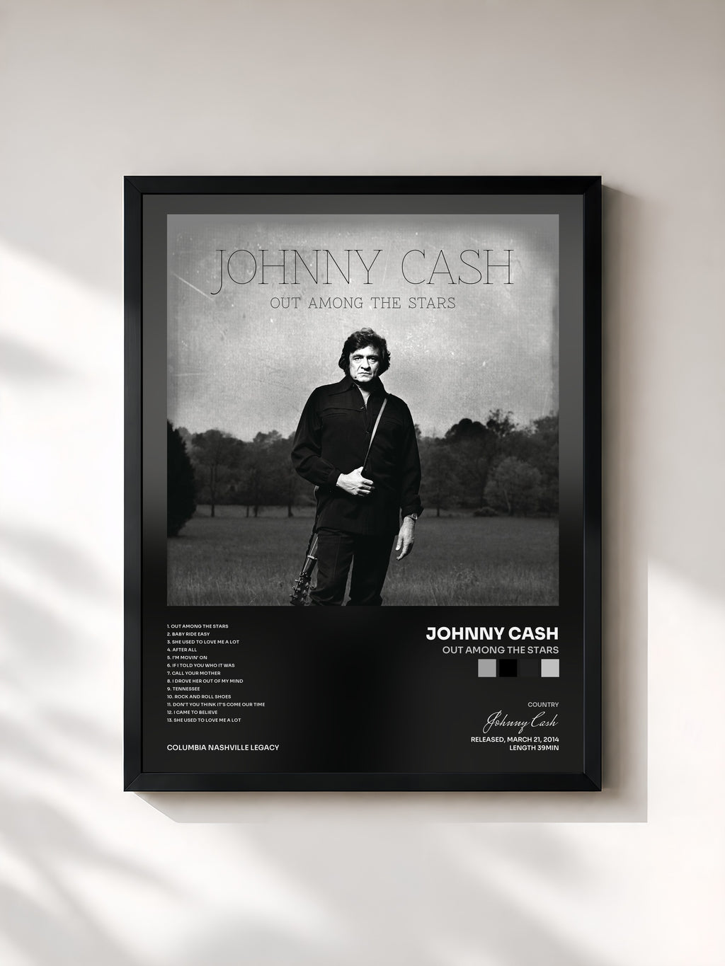 #noir Tableau de l'album Out Among The Stars de Johnny Cash, cadre noir, imprimé et encadré en France
