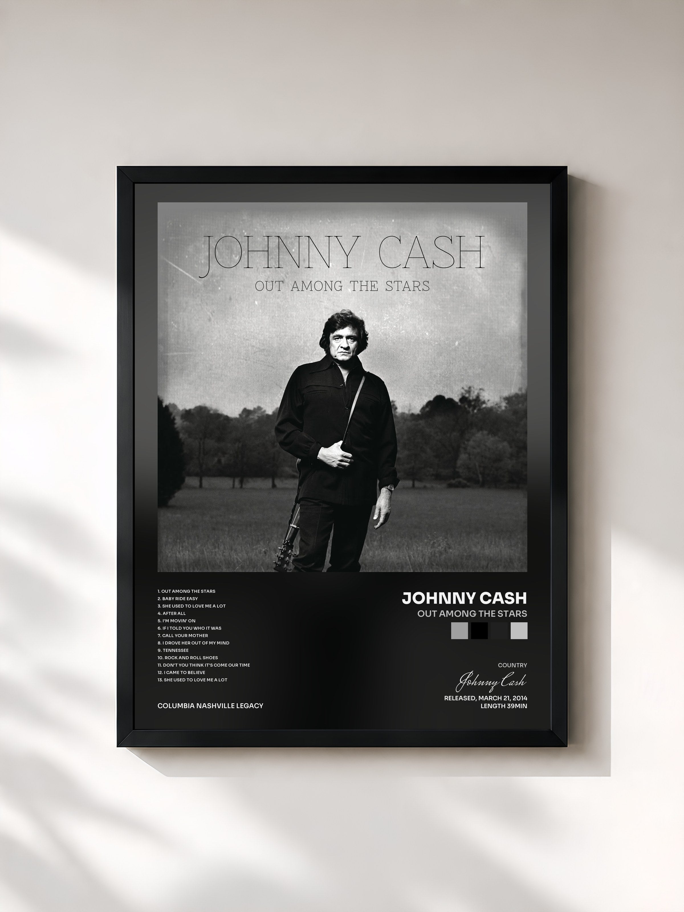 #noir Tableau de l'album Out Among The Stars de Johnny Cash, cadre noir, imprimé et encadré en France