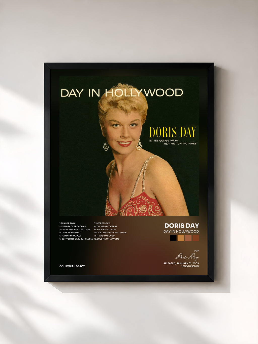 #noir Tableau de l'album Day in Hollywood de Doris Day, cadre noir, imprimé et encadré en France