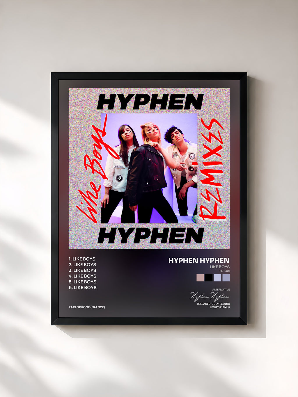 #noir Tableau de l'album Like Boys (Remixes) de Hyphen Hyphen, cadre noir, imprimé et encadré en France