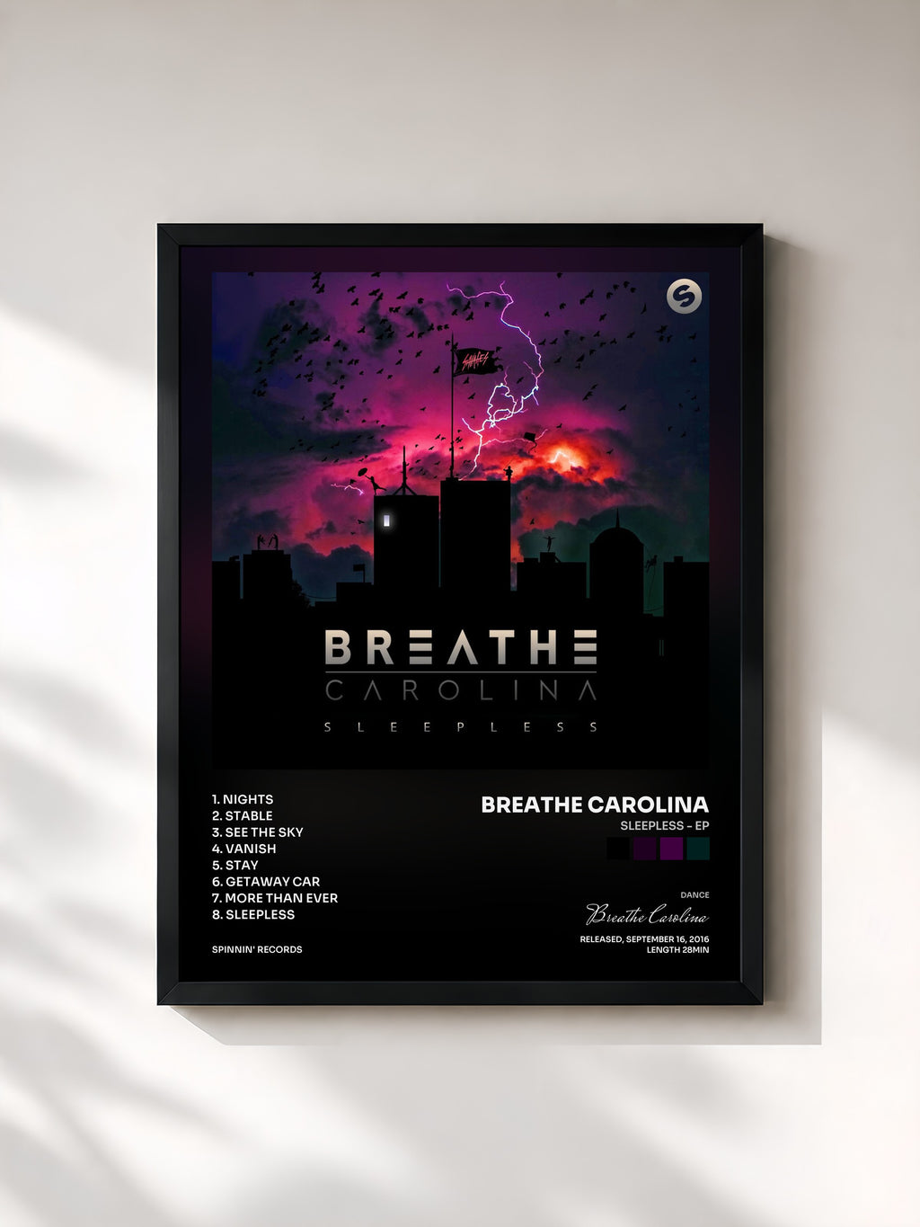 #noir Tableau de l'album Sleepless - EP de Breathe Carolina, cadre noir, imprimé et encadré en France