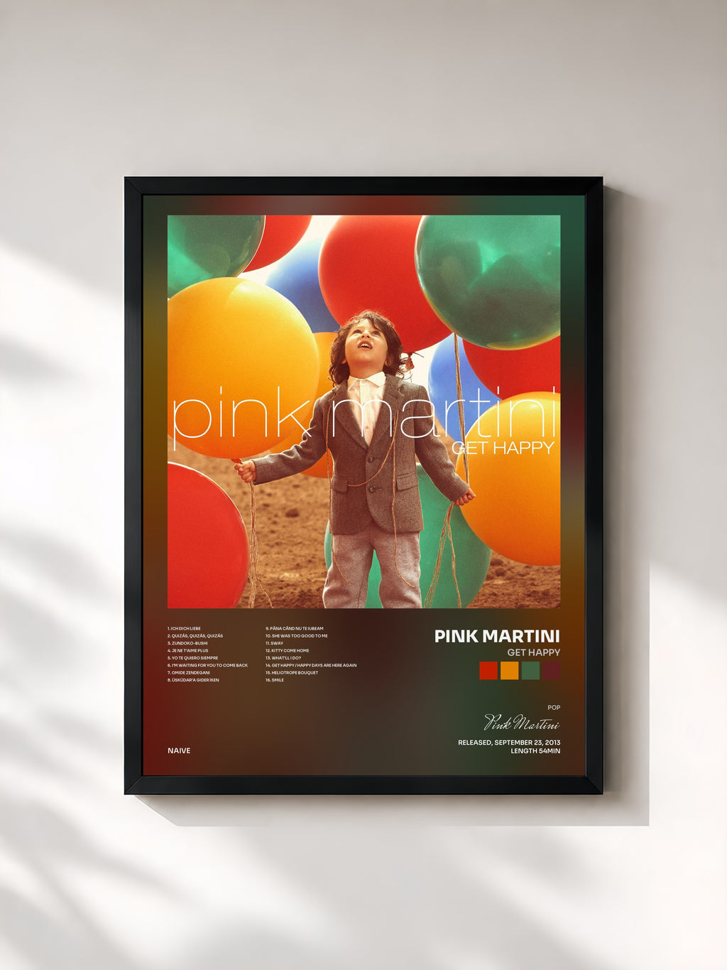 #noir Tableau de l'album Get Happy de Pink Martini, cadre noir, imprimé et encadré en France