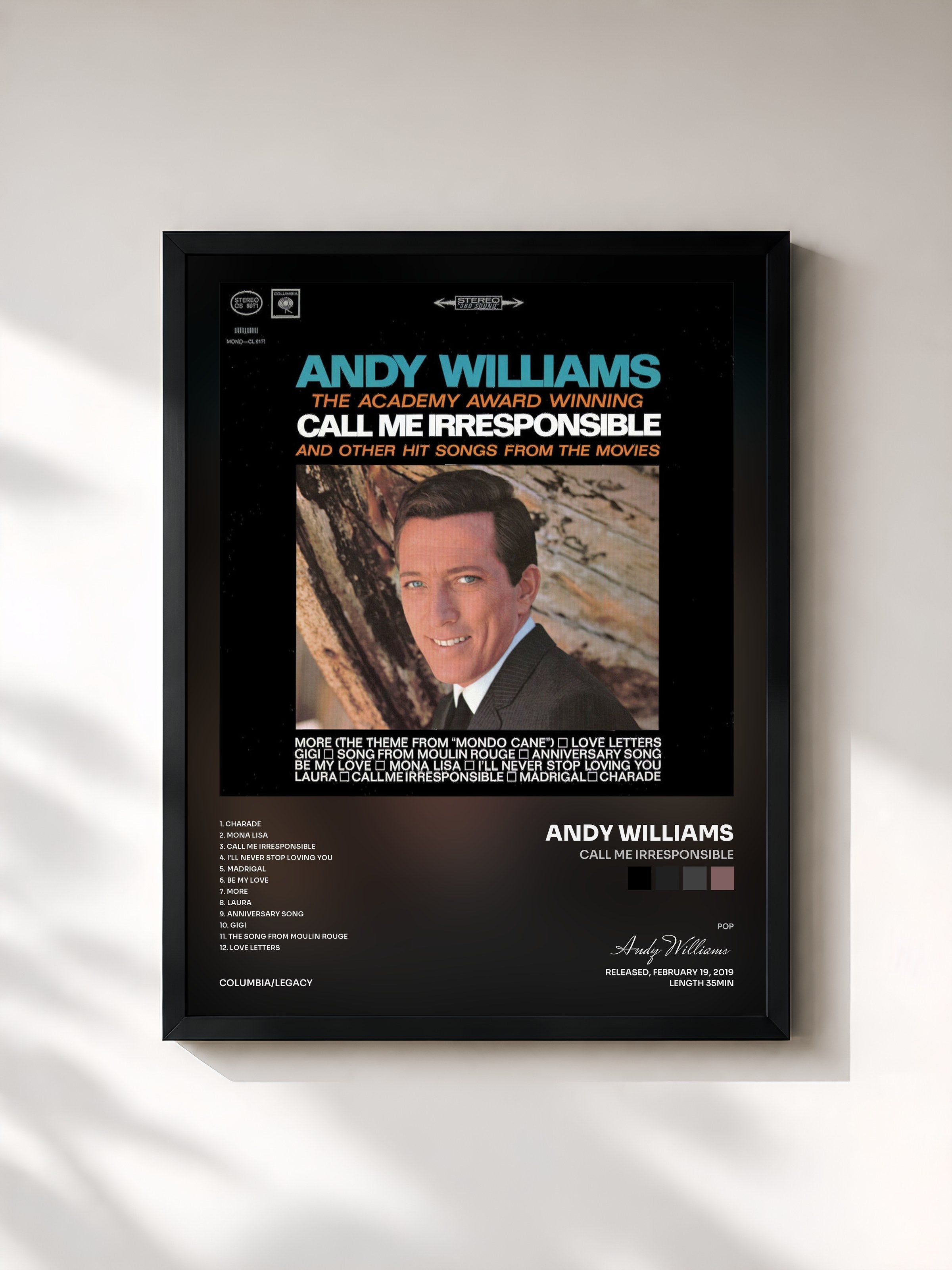 #noir Tableau de l'album Call Me Irresponsible de Andy Williams, cadre noir, imprimé et encadré en France