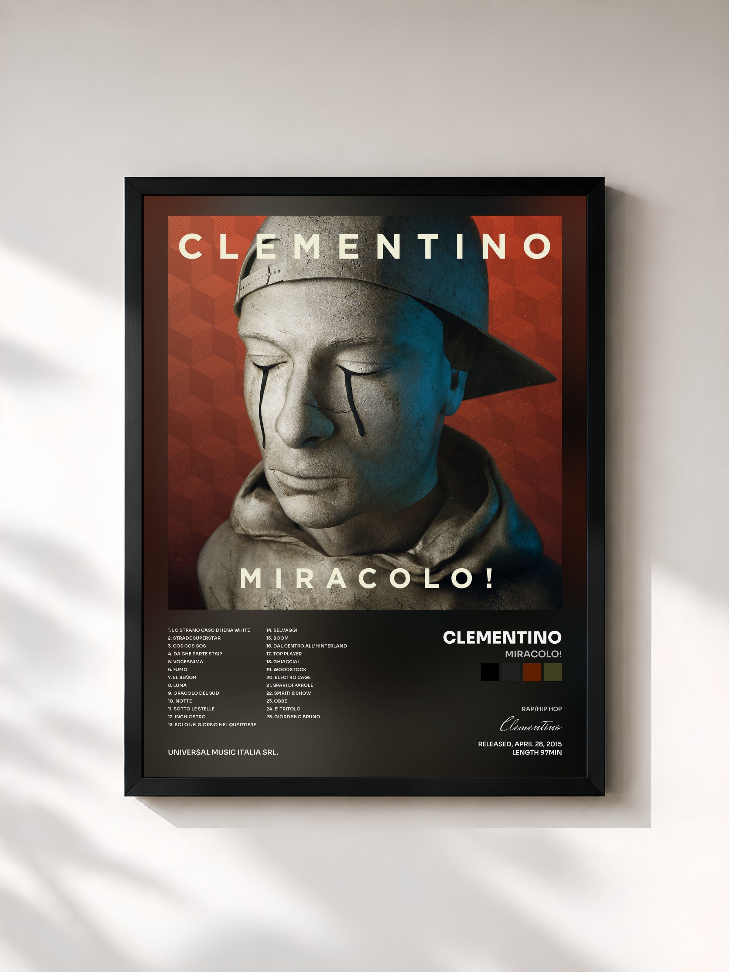 #noir Tableau de l'album Miracolo! de Clementino, cadre noir, imprimé et encadré en France