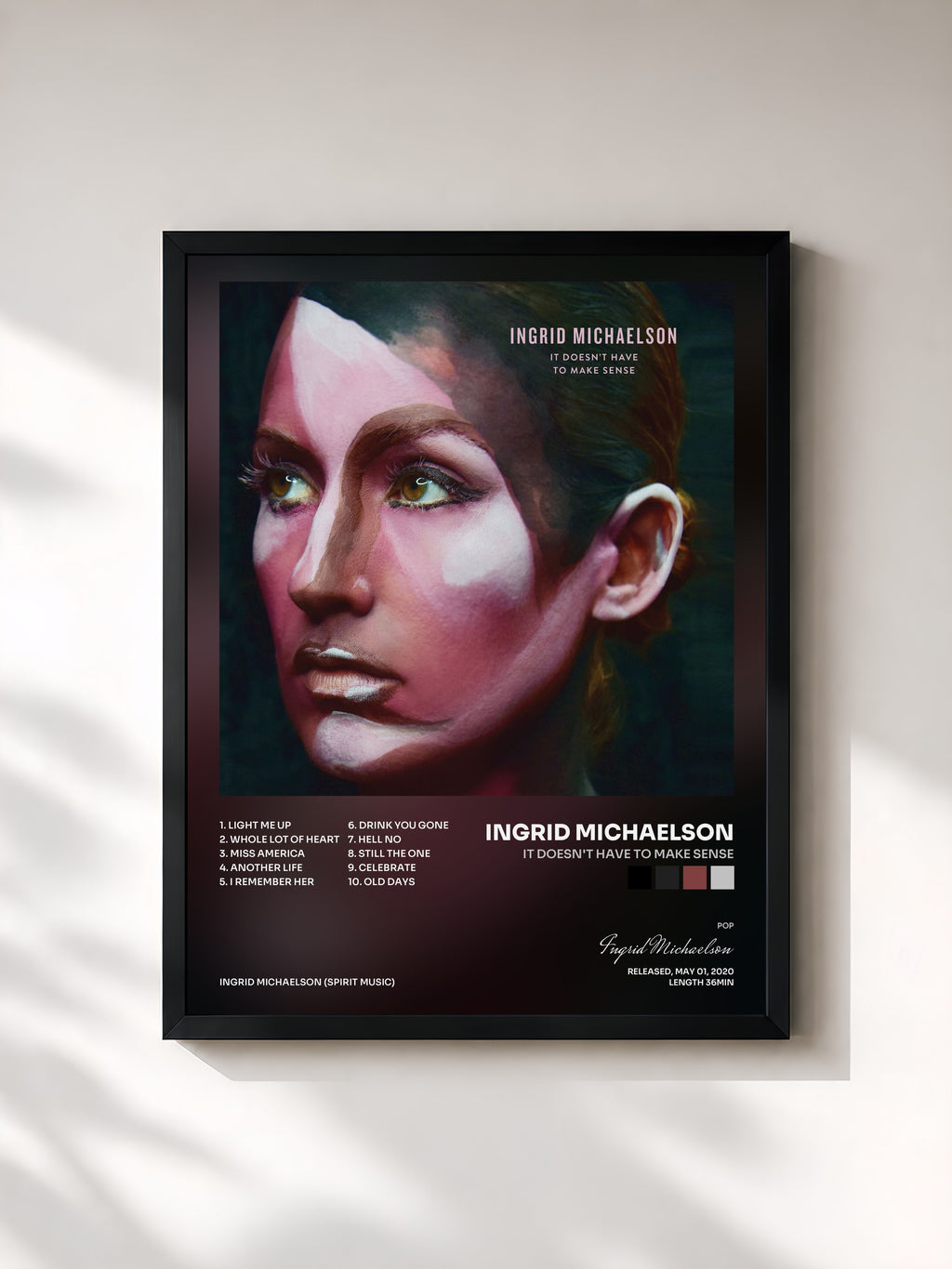 #noir Tableau de l'album It Doesn't Have To Make Sense de Ingrid Michaelson, cadre noir, imprimé et encadré en France