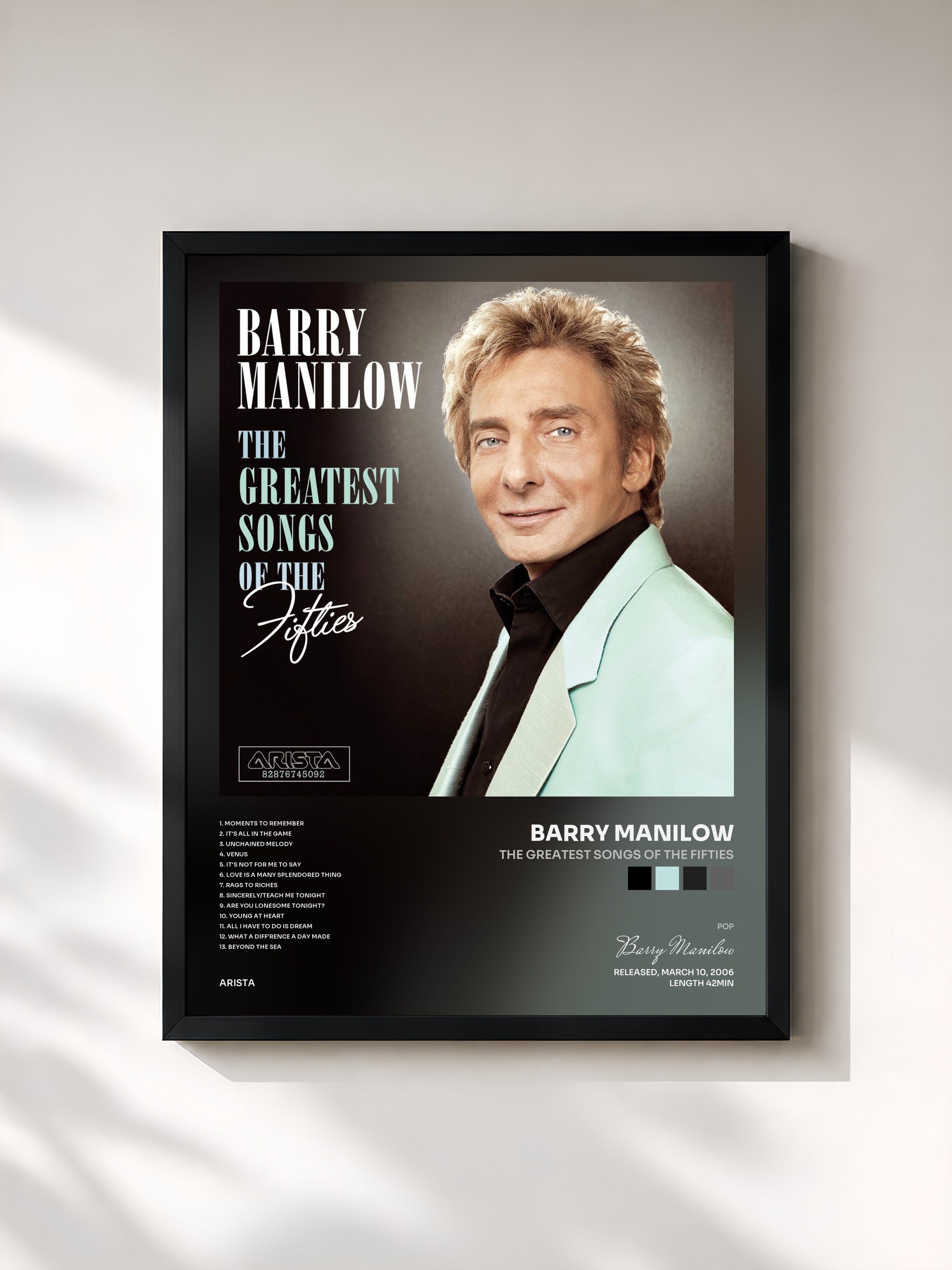 #noir Tableau de l'album The Greatest Songs Of The Fifties de Barry Manilow, cadre noir, imprimé et encadré en France