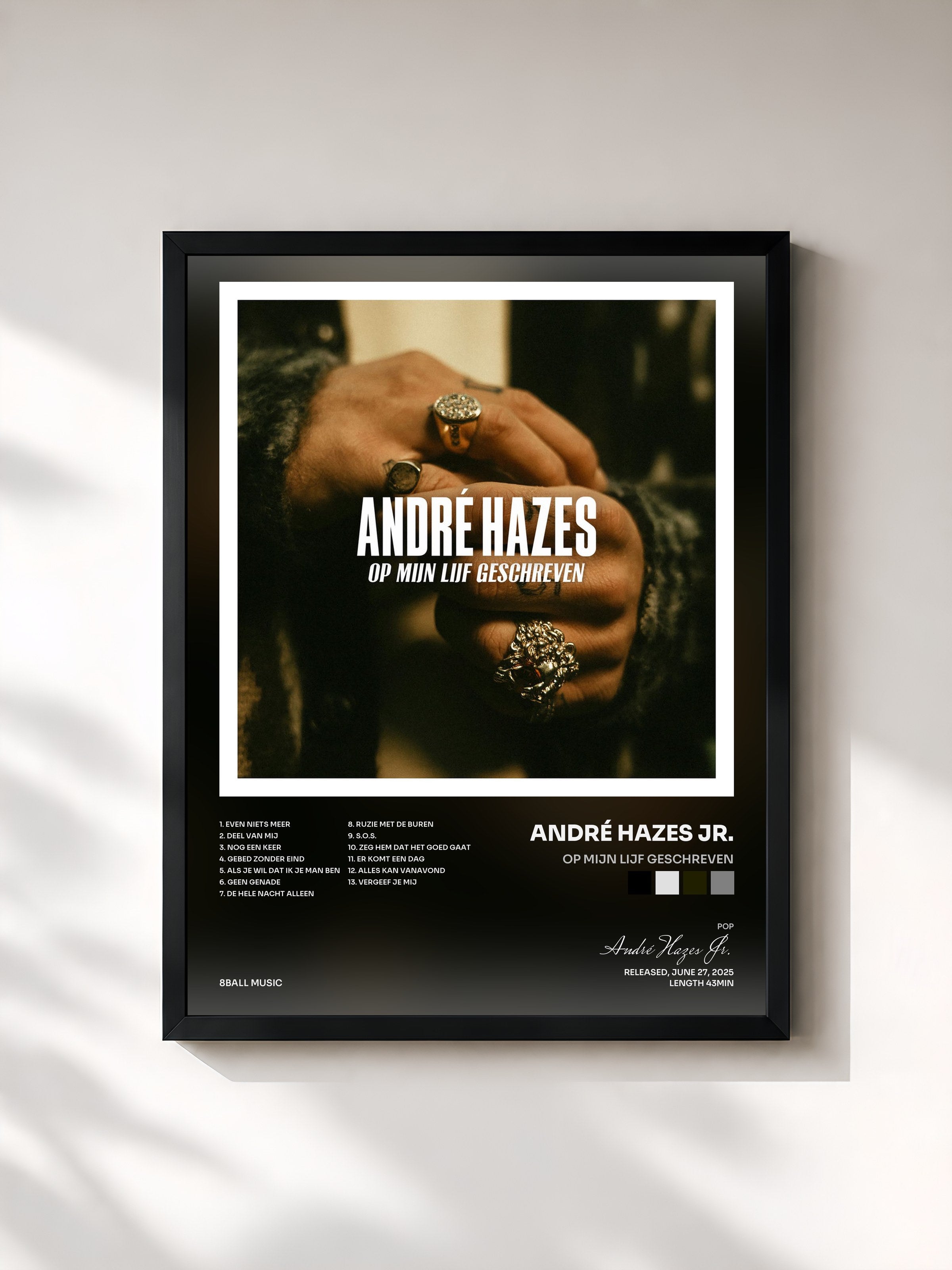 #noir Tableau de l'album Op Mijn Lijf Geschreven de André Hazes Jr., cadre noir, imprimé et encadré en France