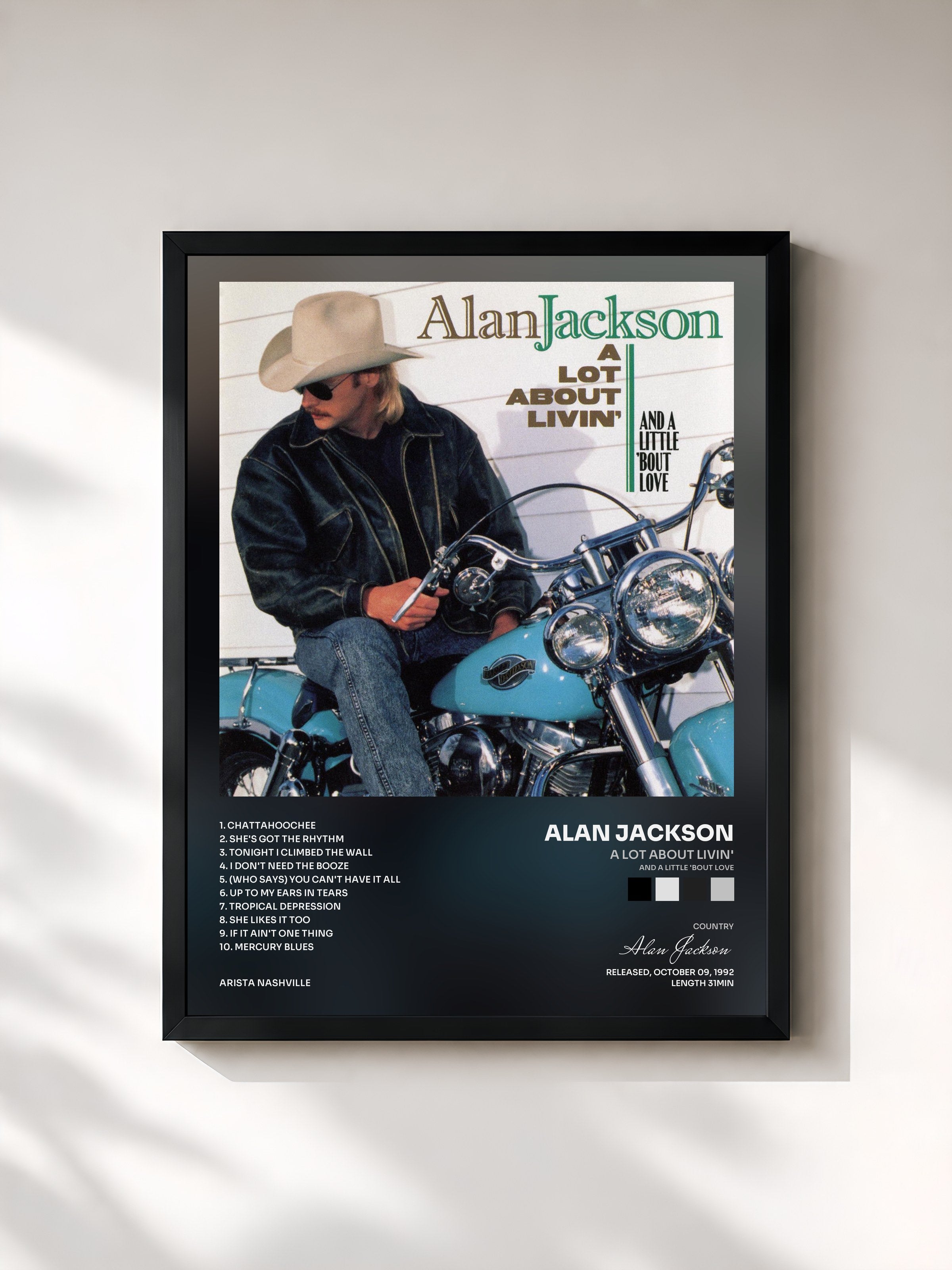 #noir Tableau de l'album A Lot About Livin' (And A Little 'Bout Love) de Alan Jackson, cadre noir, imprimé et encadré en France