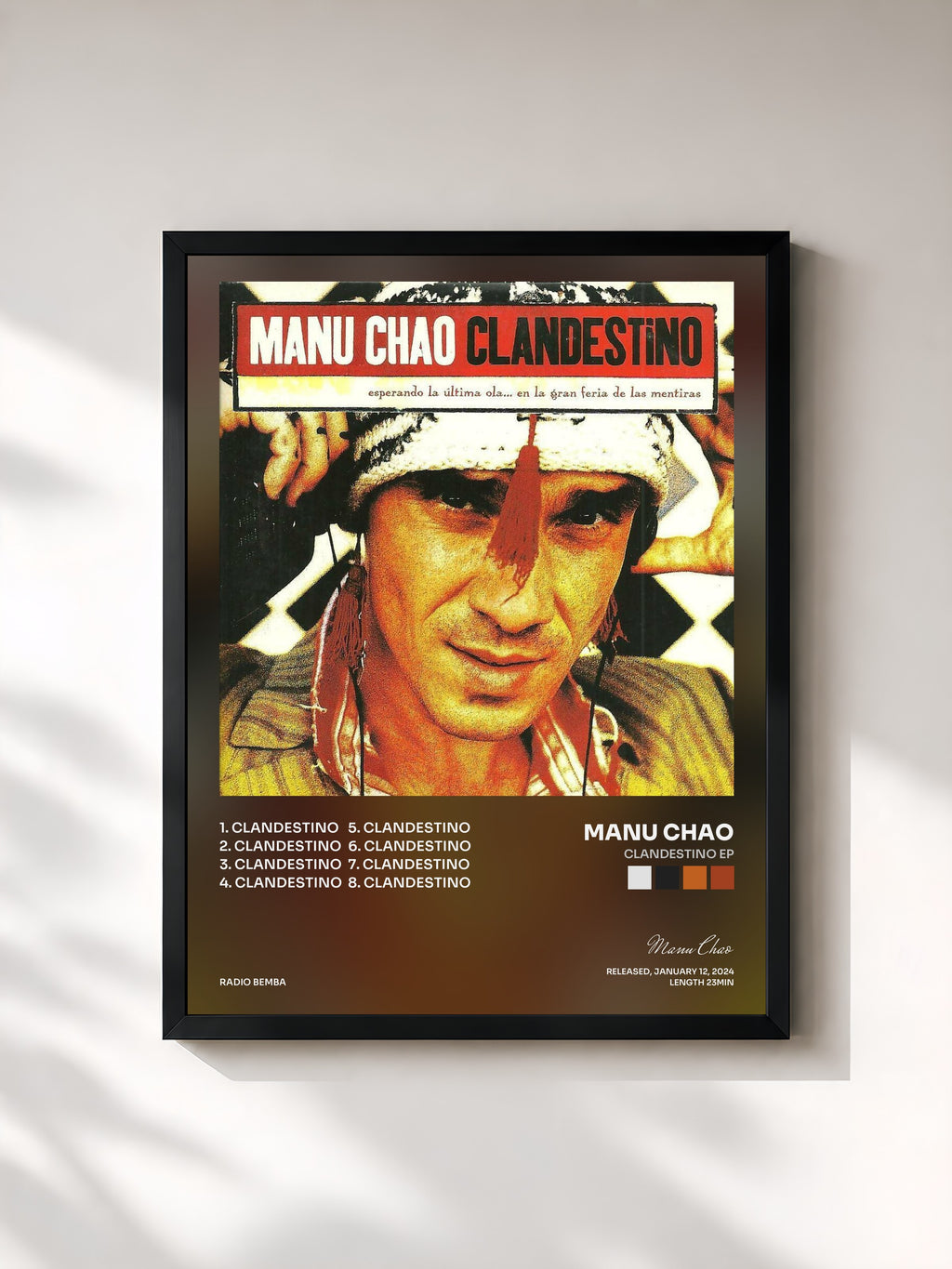 #noir Tableau de l'album Clandestino EP de Manu Chao, cadre noir, imprimé et encadré en France