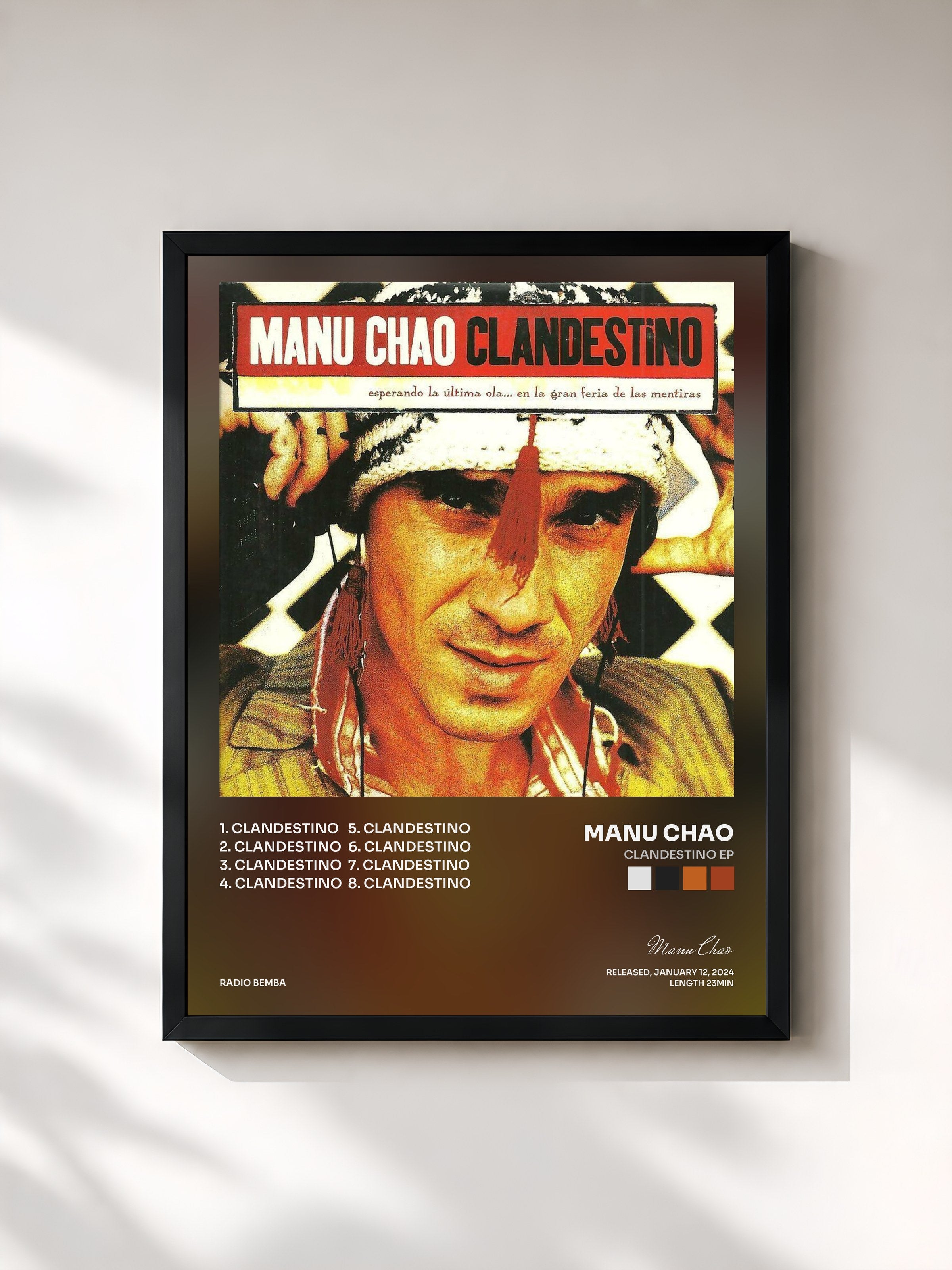 #noir Tableau de l'album Clandestino EP de Manu Chao, cadre noir, imprimé et encadré en France
