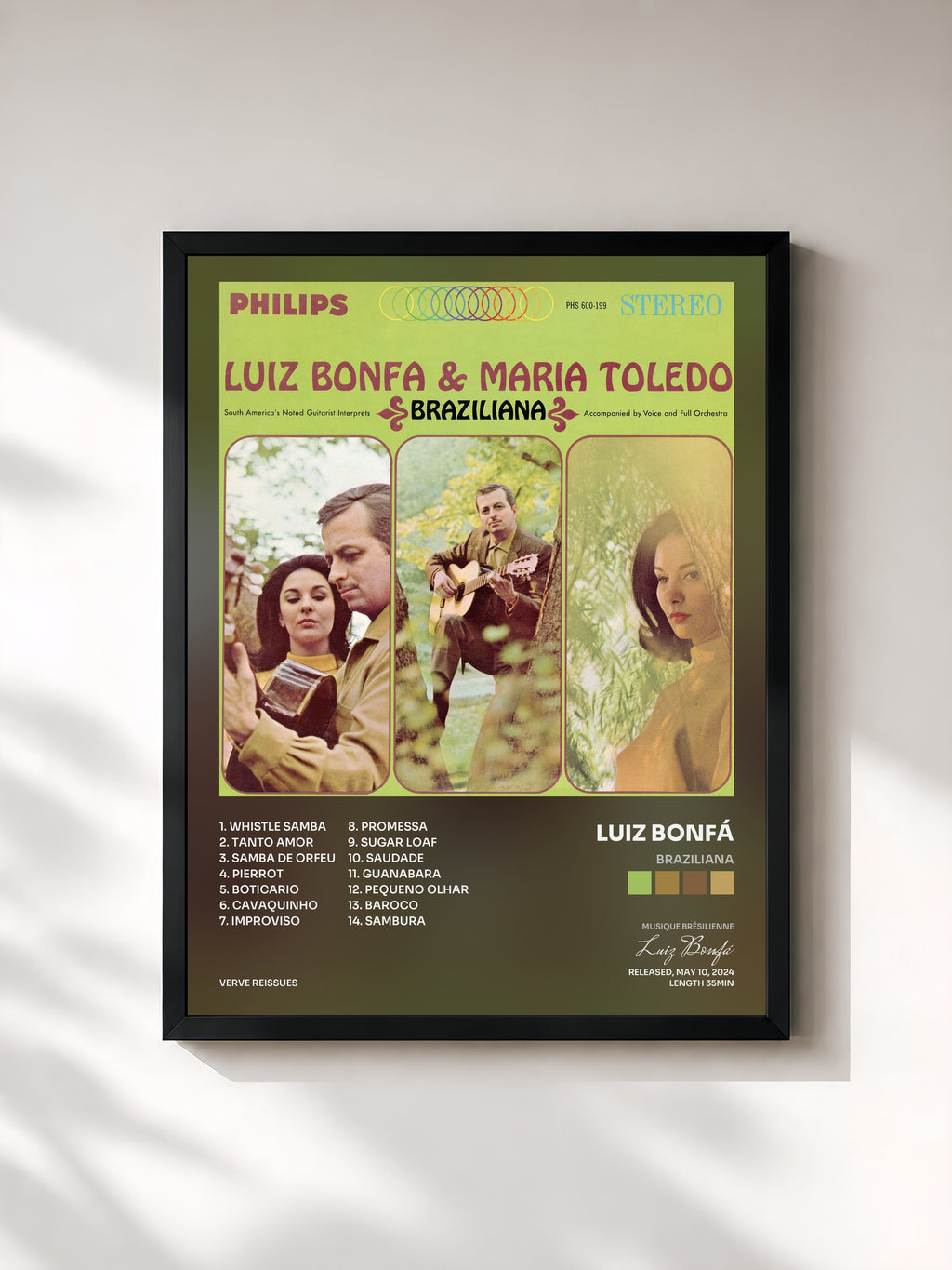 #noir Tableau de l'album Braziliana de Luiz Bonfá, cadre noir, imprimé et encadré en France