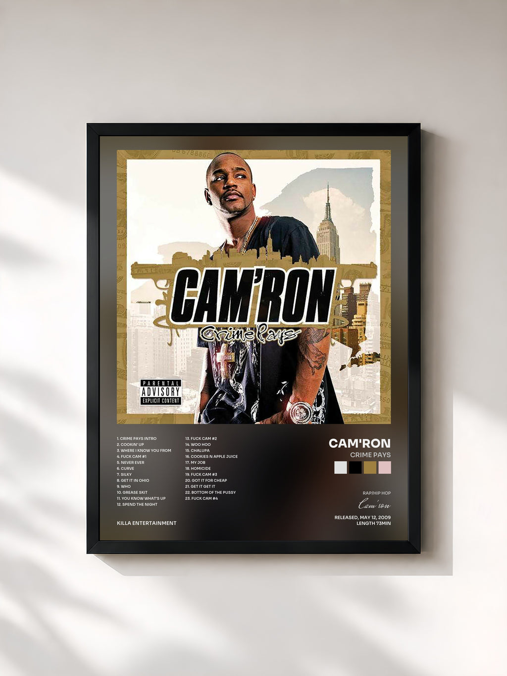 #noir Tableau de l'album Crime Pays de Cam'ron, cadre noir, imprimé et encadré en France