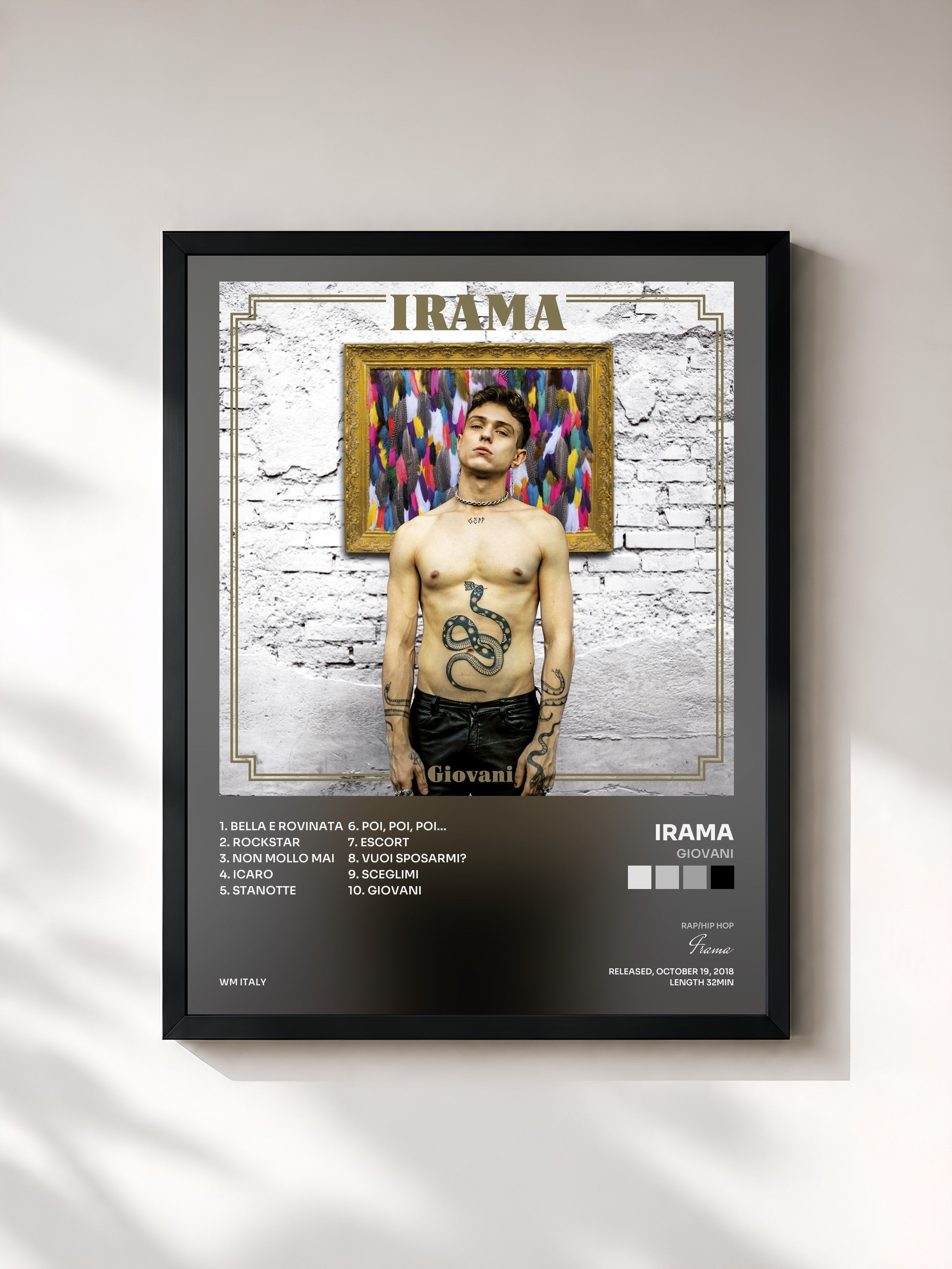 #noir Tableau de l'album Giovani de Irama, cadre noir, imprimé et encadré en France