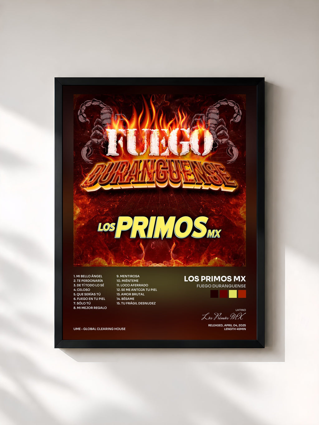 #noir Tableau de l'album Fuego Duranguense de Los Primos MX, cadre noir, imprimé et encadré en France