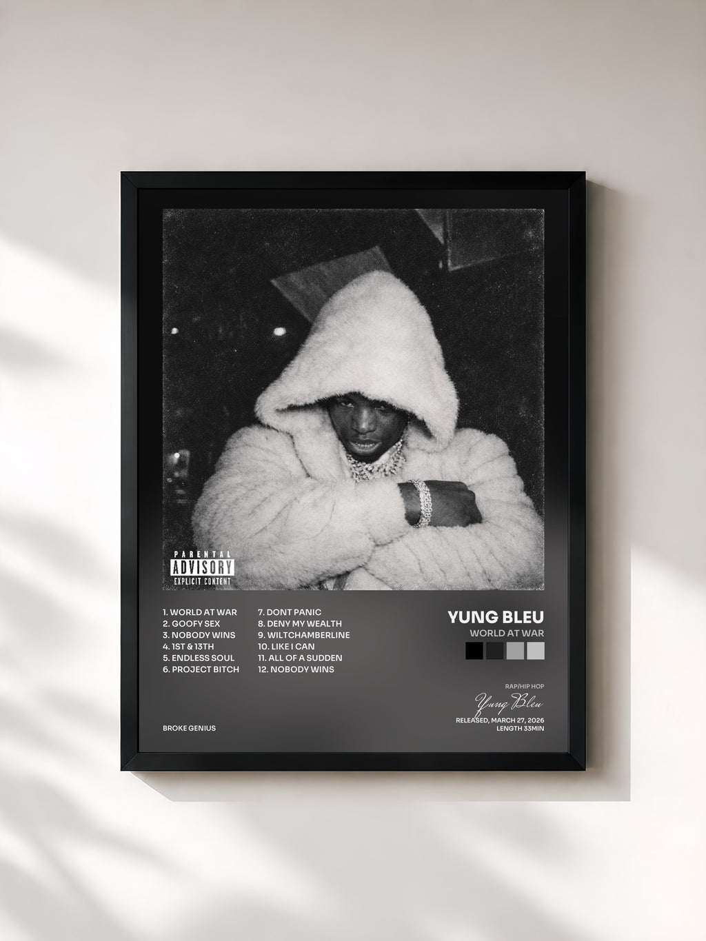 #noir Tableau de l'album World At War de Yung Bleu, cadre noir, imprimé et encadré en France