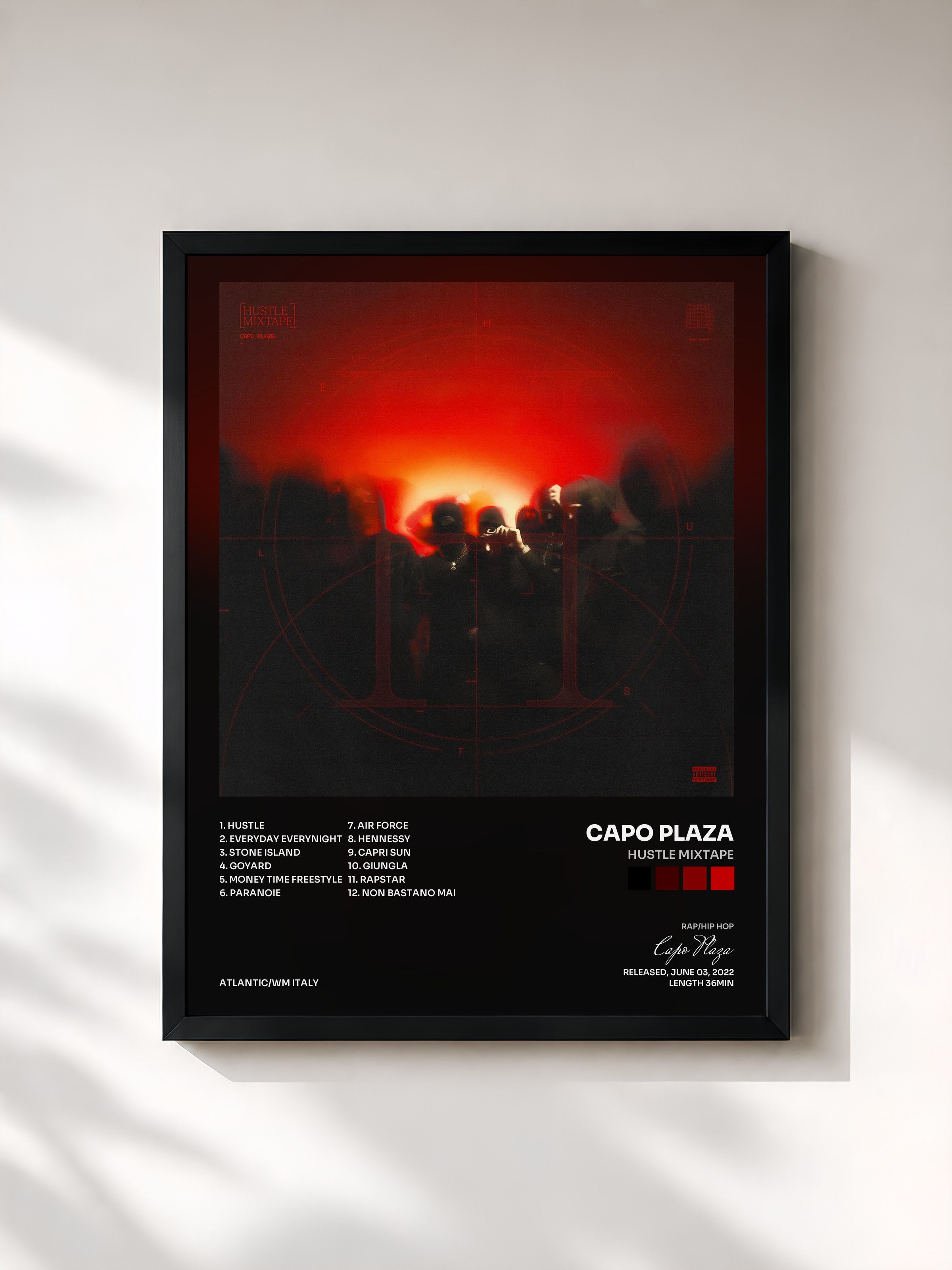 #noir Tableau de l'album Hustle Mixtape de Capo Plaza, cadre noir, imprimé et encadré en France