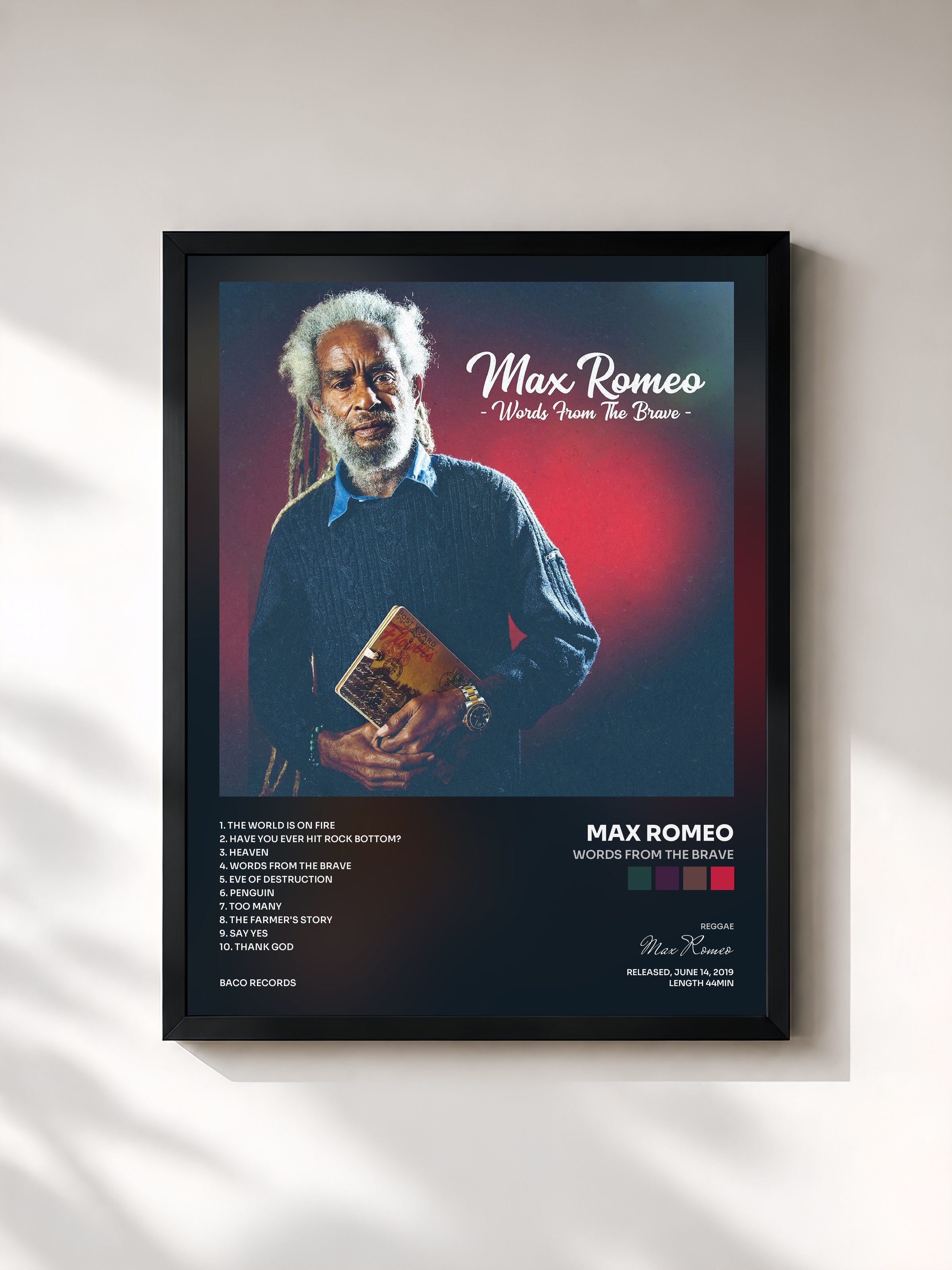 #noir Tableau de l'album Words from the Brave de Max Romeo, cadre noir, imprimé et encadré en France