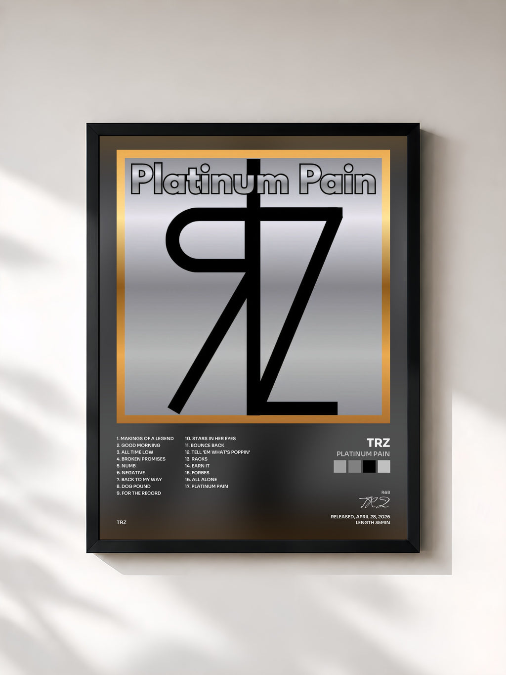 #noir Tableau de l'album Platinum Pain de TRZ, cadre noir, imprimé et encadré en France
