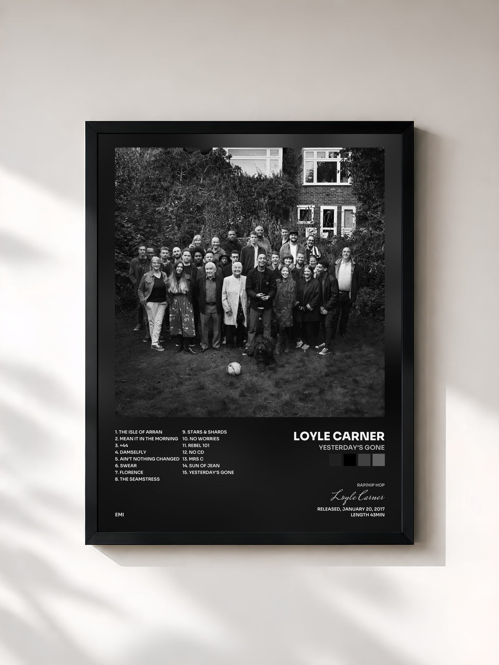 #noir Tableau de l'album Yesterday's Gone de Loyle Carner, cadre noir, imprimé et encadré en France