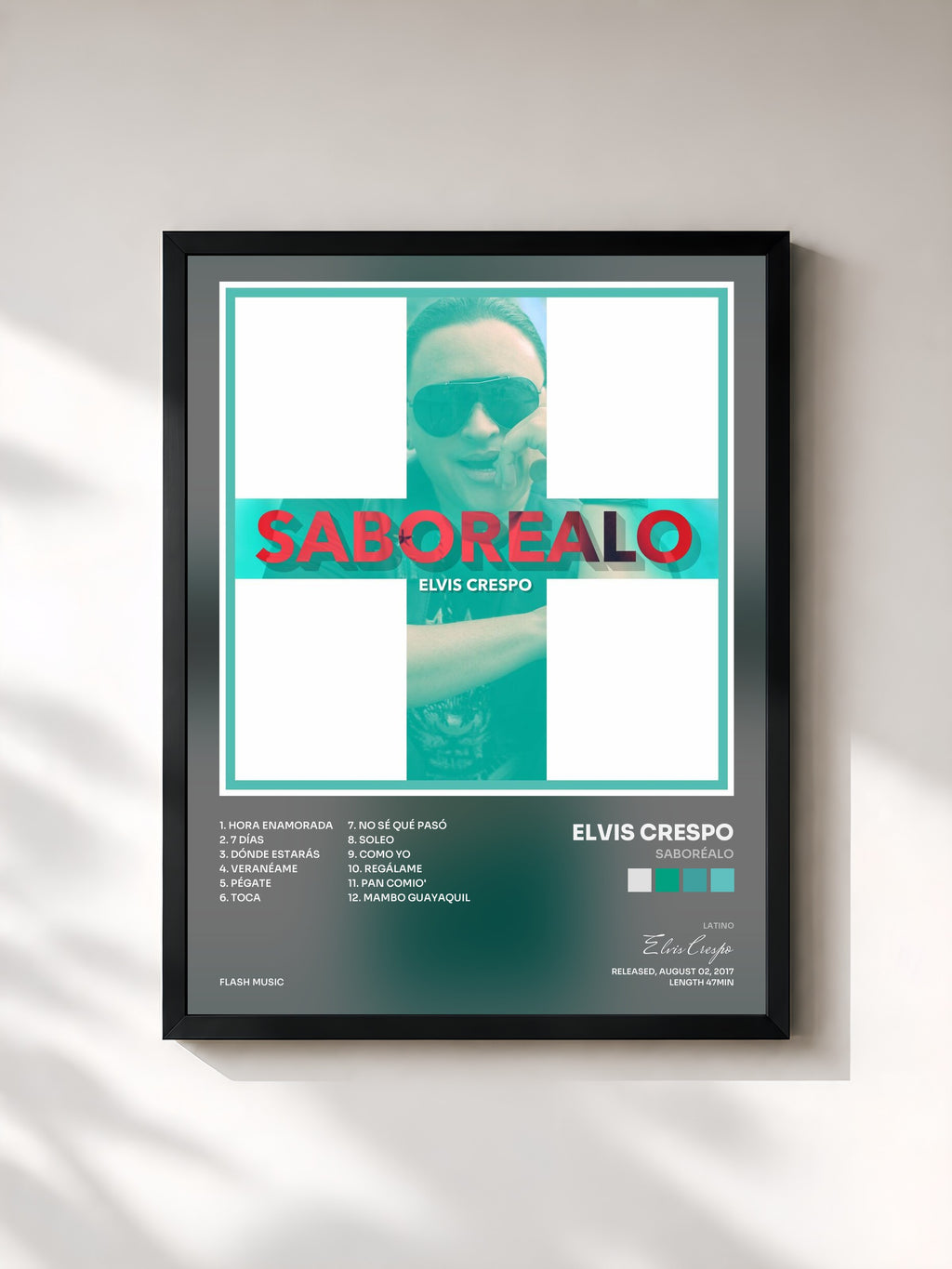#noir Tableau de l'album Saboréalo de Elvis Crespo, cadre noir, imprimé et encadré en France