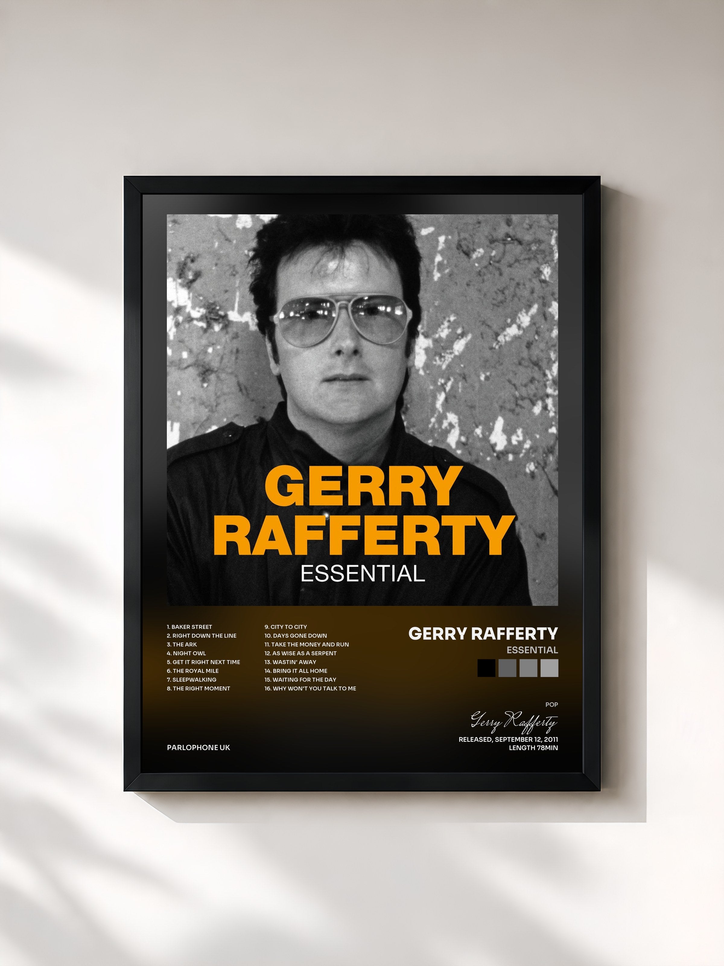 #noir Tableau de l'album Essential de Gerry Rafferty, cadre noir, imprimé et encadré en France
