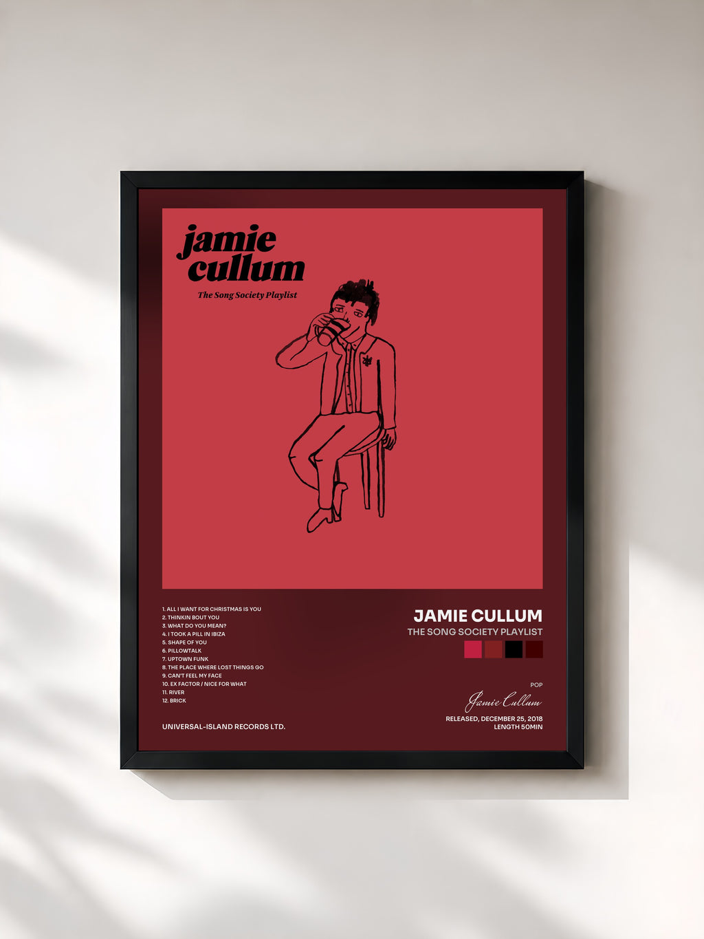 #noir Tableau de l'album The Song Society Playlist de Jamie Cullum, cadre noir, imprimé et encadré en France