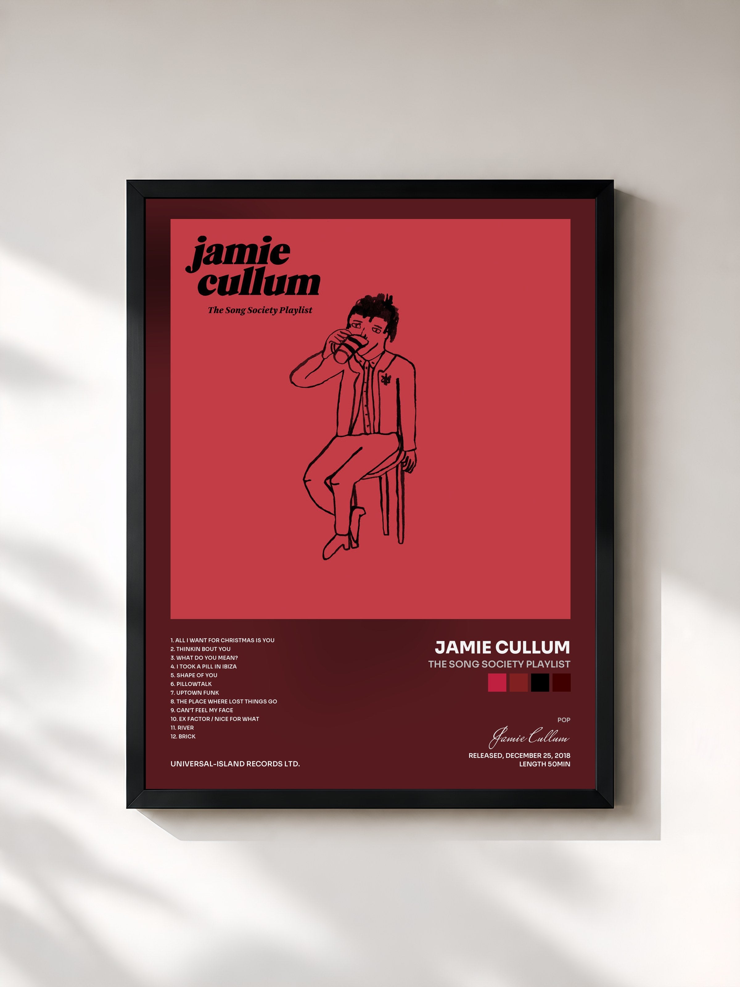#noir Tableau de l'album The Song Society Playlist de Jamie Cullum, cadre noir, imprimé et encadré en France