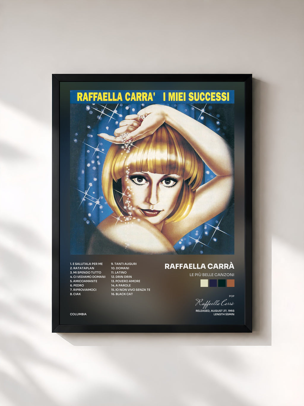 #noir Tableau de l'album Le Più Belle Canzoni de Raffaella Carrà, cadre noir, imprimé et encadré en France
