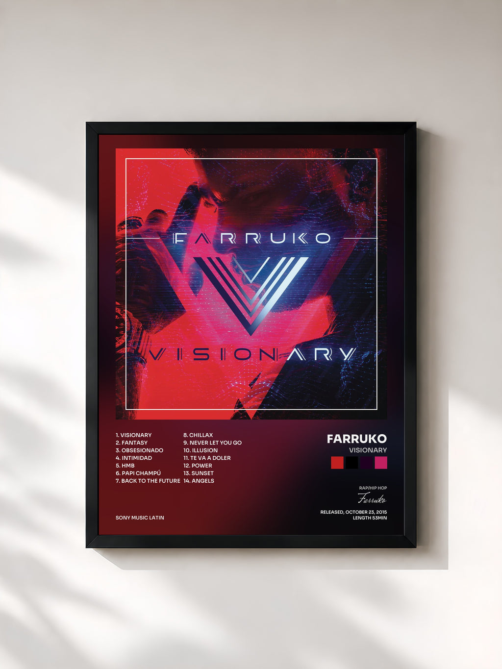 #noir Tableau de l'album Visionary de Farruko, cadre noir, imprimé et encadré en France