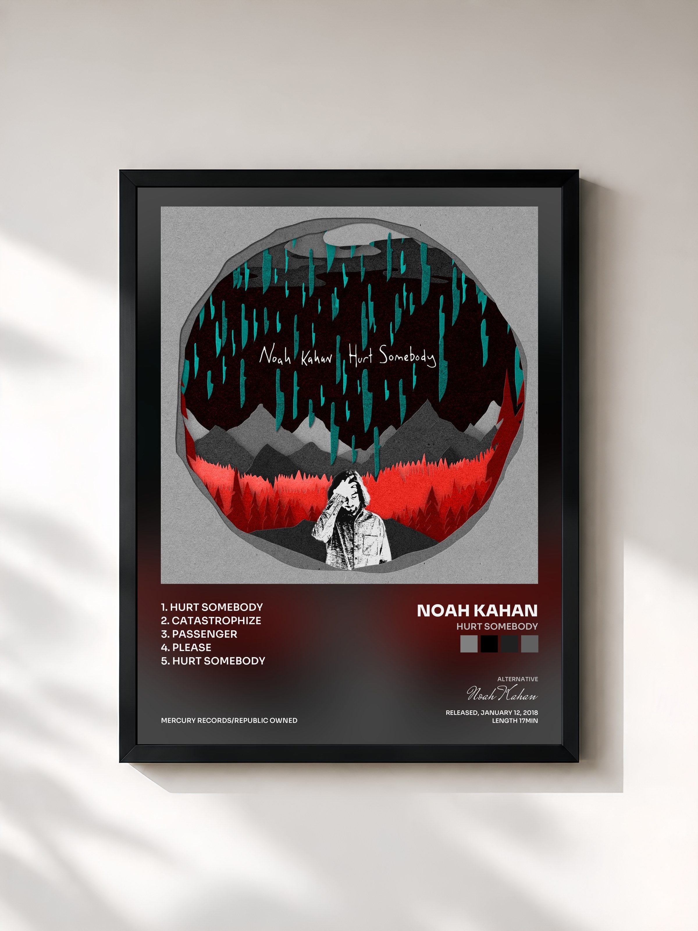 #noir Tableau de l'album Hurt Somebody de Noah Kahan, cadre noir, imprimé et encadré en France