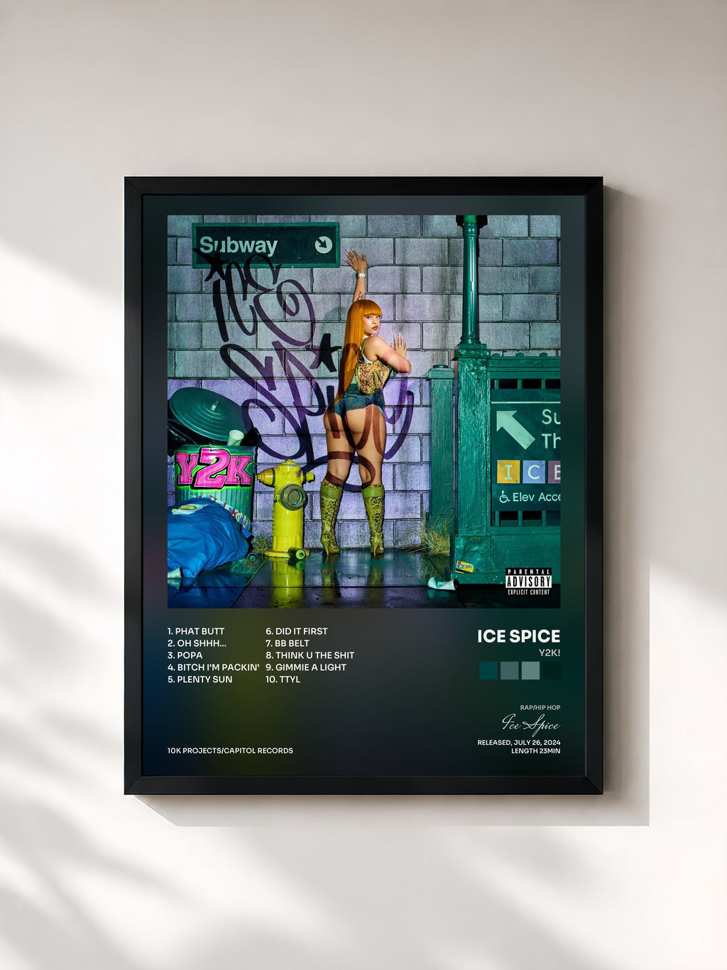 #noir Tableau de l'album Y2K! de Ice Spice, cadre noir, imprimé et encadré en France