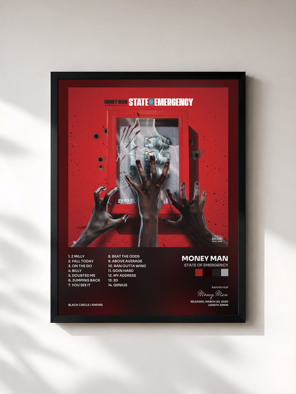 #noir Tableau de l'album State of Emergency de Money Man, cadre noir, imprimé et encadré en France