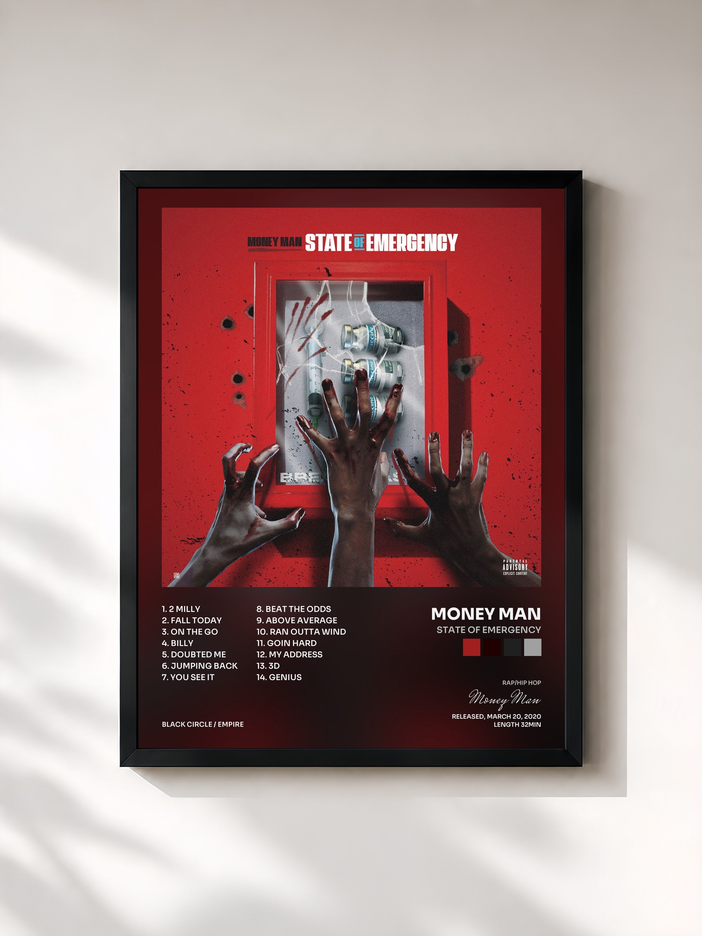 #noir Tableau de l'album State of Emergency de Money Man, cadre noir, imprimé et encadré en France