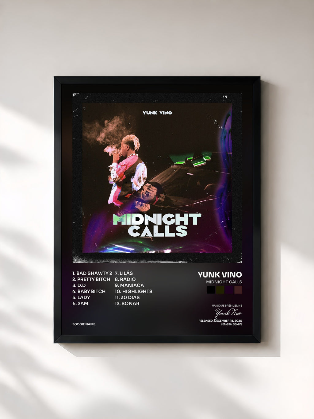 #noir Tableau de l'album MIDNIGHT CALLS de Yunk Vino, cadre noir, imprimé et encadré en France