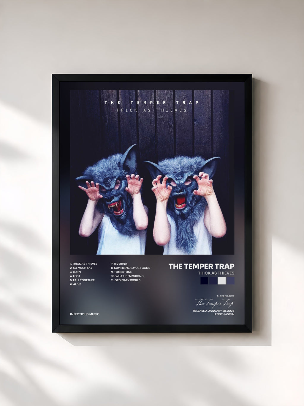 #noir Tableau de l'album Thick as Thieves de The Temper Trap, cadre noir, imprimé et encadré en France