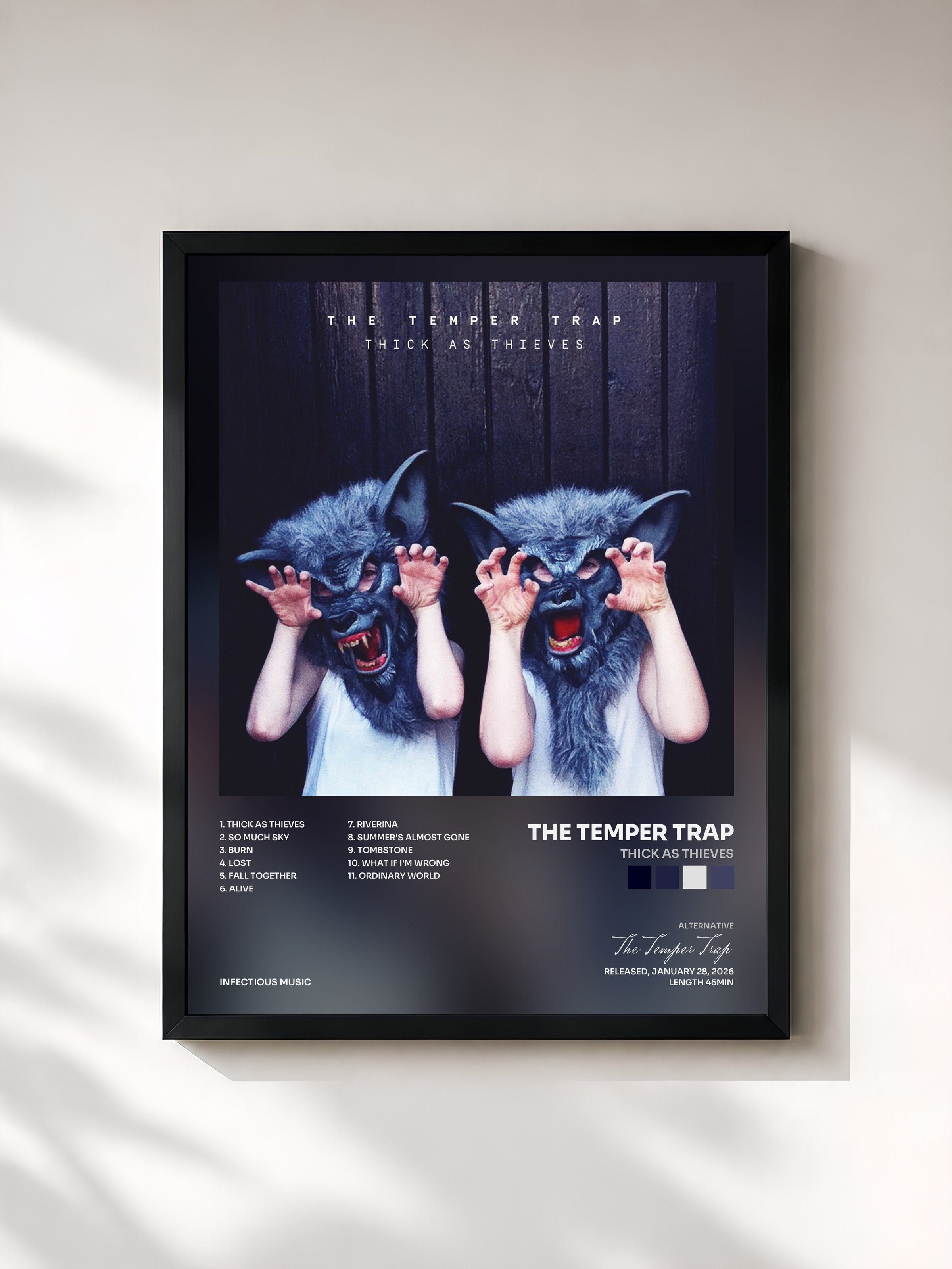 #noir Tableau de l'album Thick as Thieves de The Temper Trap, cadre noir, imprimé et encadré en France