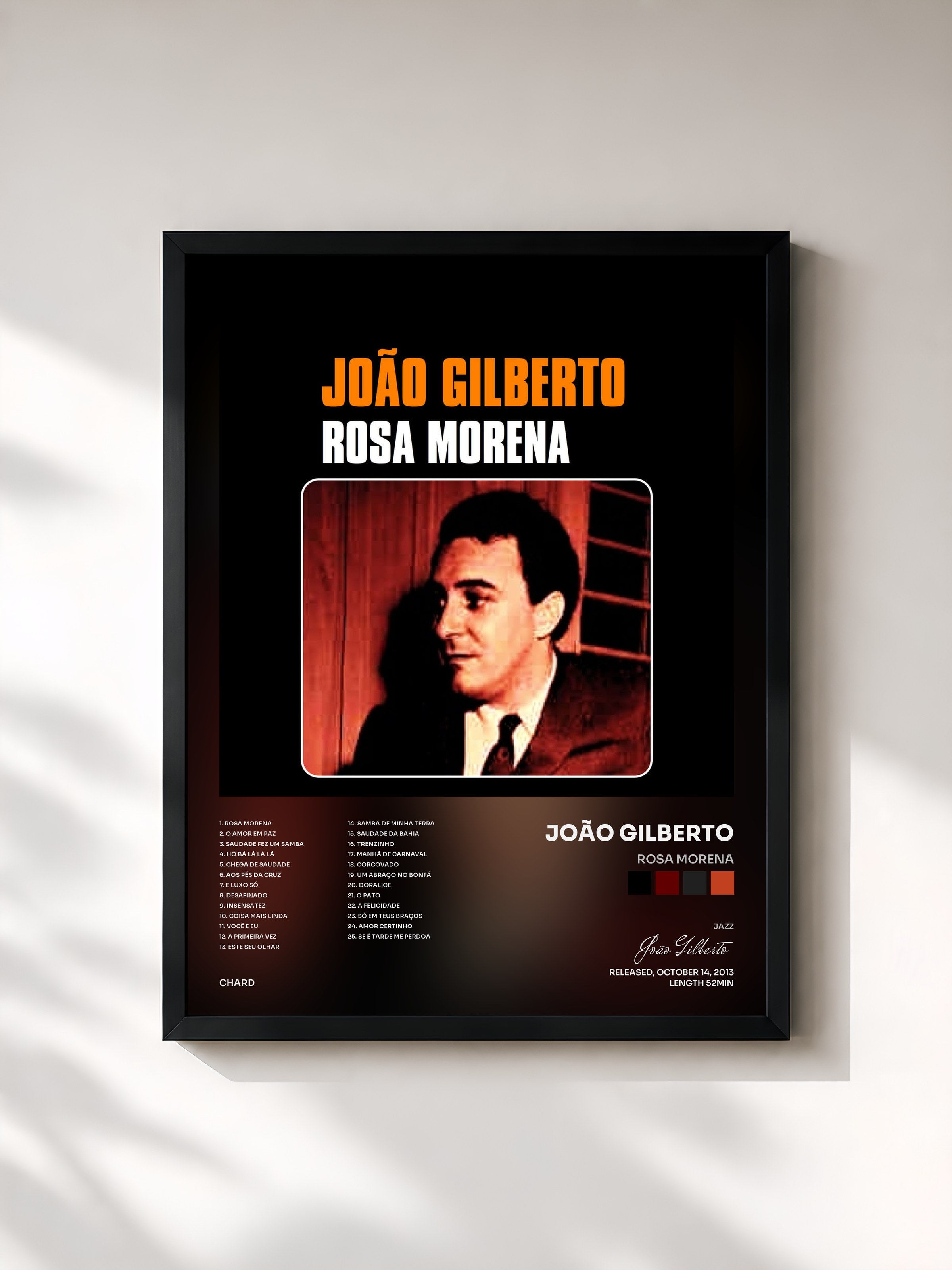 #noir Tableau de l'album Rosa Morena de João Gilberto, cadre noir, imprimé et encadré en France