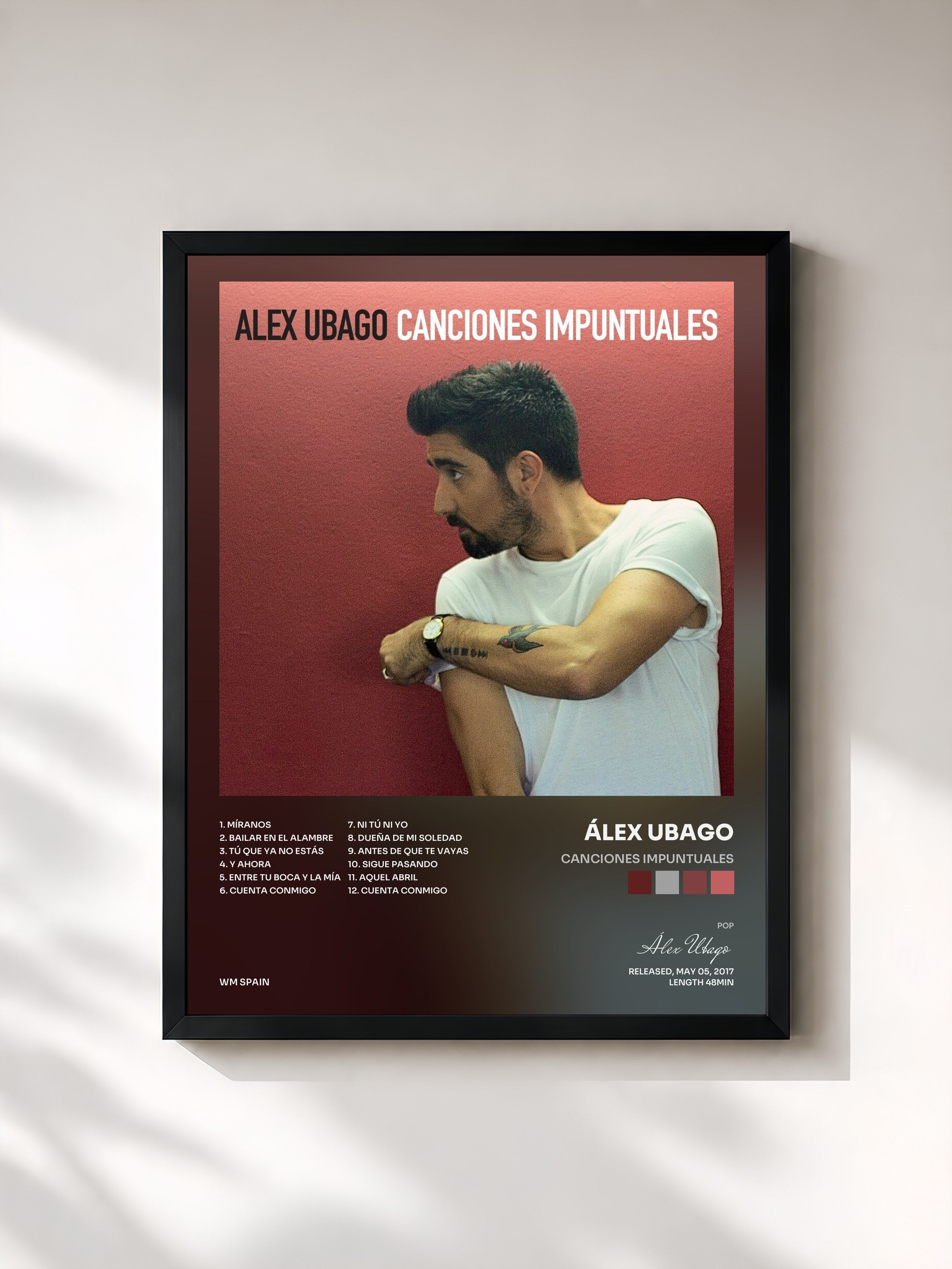 #noir Tableau de l'album Canciones impuntuales de Álex Ubago, cadre noir, imprimé et encadré en France