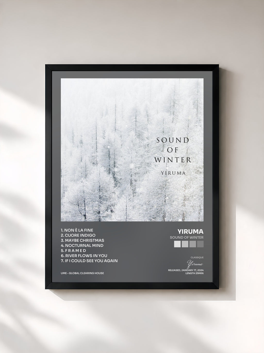 #noir Tableau de l'album Sound Of Winter de Yiruma, cadre noir, imprimé et encadré en France