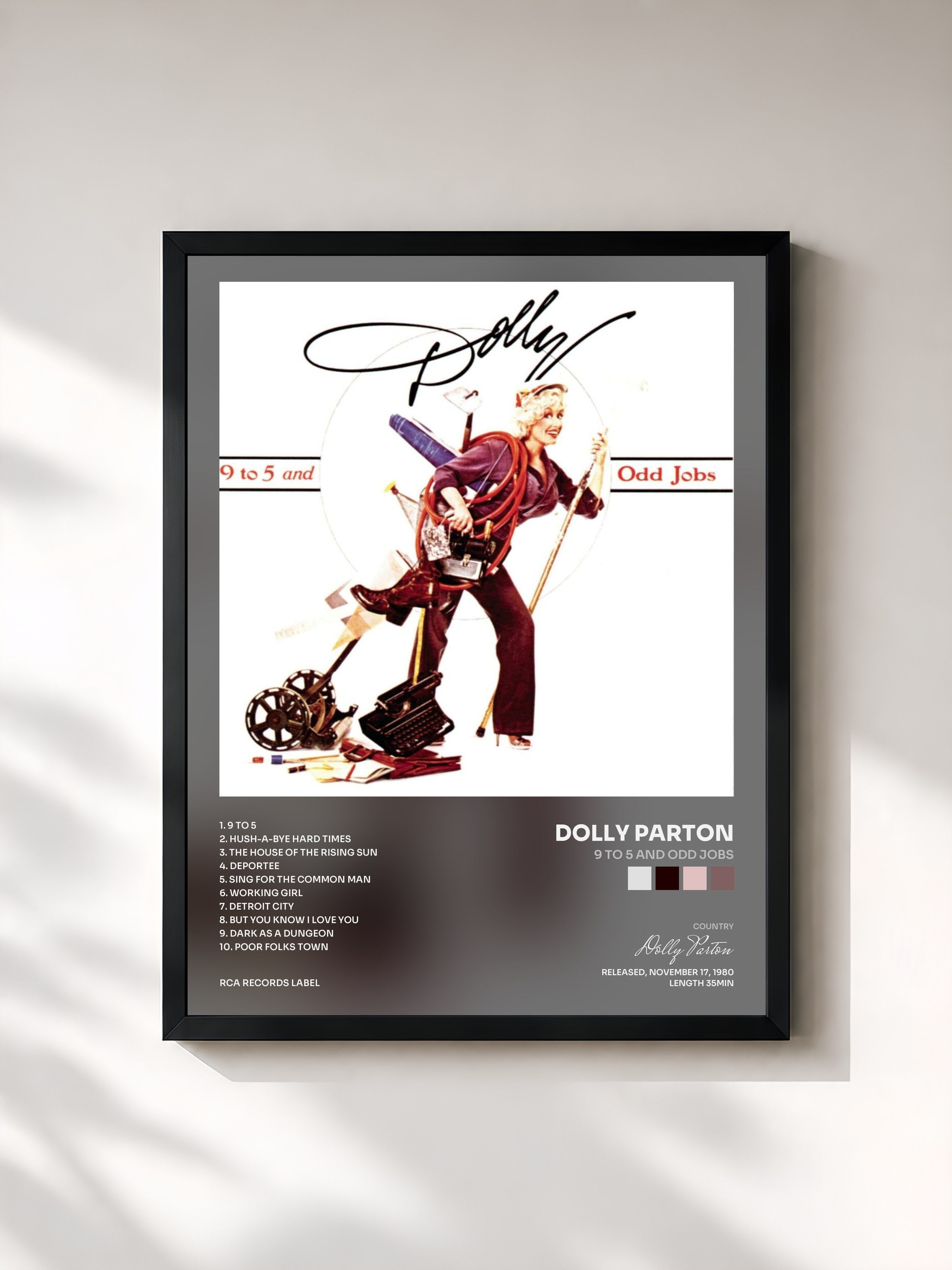 #noir Tableau de l'album 9 To 5 And Odd Jobs de Dolly Parton, cadre noir, imprimé et encadré en France