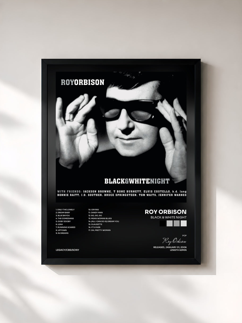 #noir Tableau de l'album Black & White Night de Roy Orbison, cadre noir, imprimé et encadré en France
