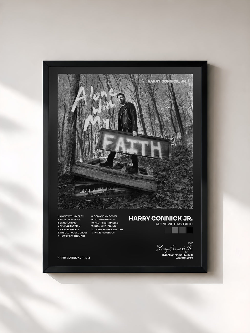 #noir Tableau de l'album Alone With My Faith de Harry Connick Jr., cadre noir, imprimé et encadré en France