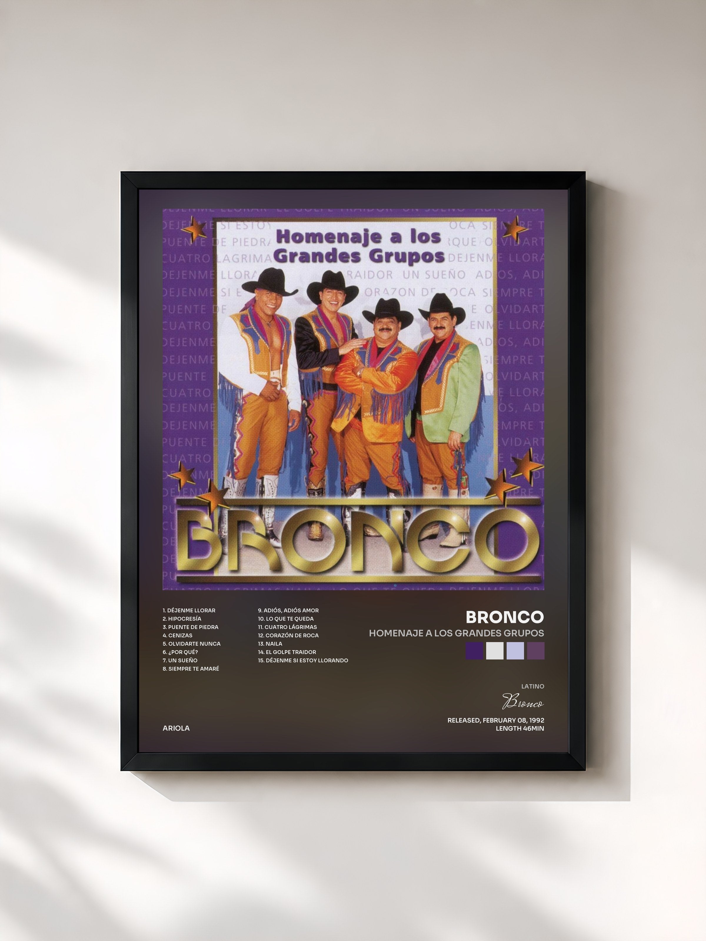 #noir Tableau de l'album Homenaje A Los Grandes Grupos de Bronco, cadre noir, imprimé et encadré en France