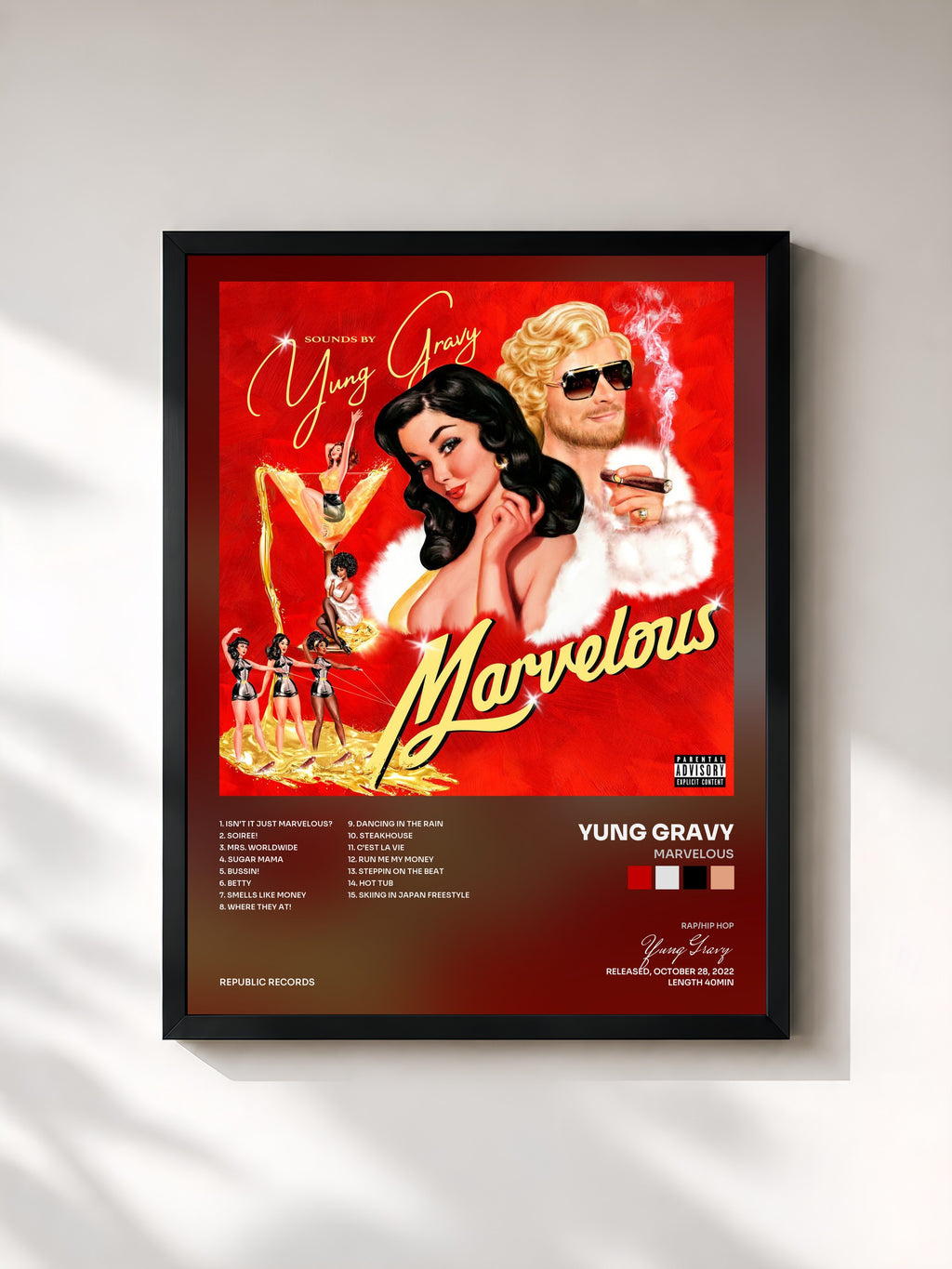 #noir Tableau de l'album Marvelous de Yung Gravy, cadre noir, imprimé et encadré en France