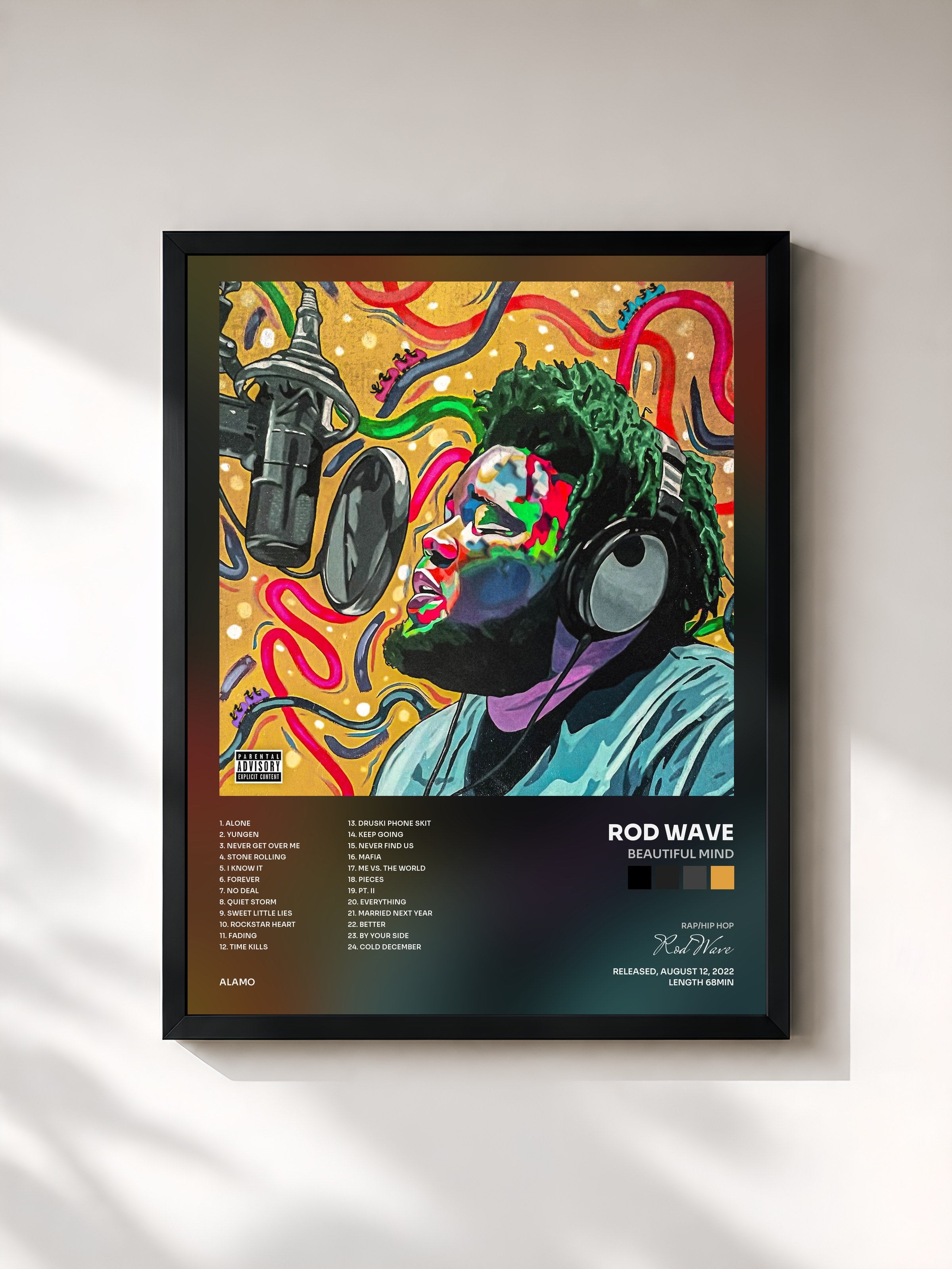 #noir Tableau de l'album Beautiful Mind de Rod Wave, cadre noir, imprimé et encadré en France