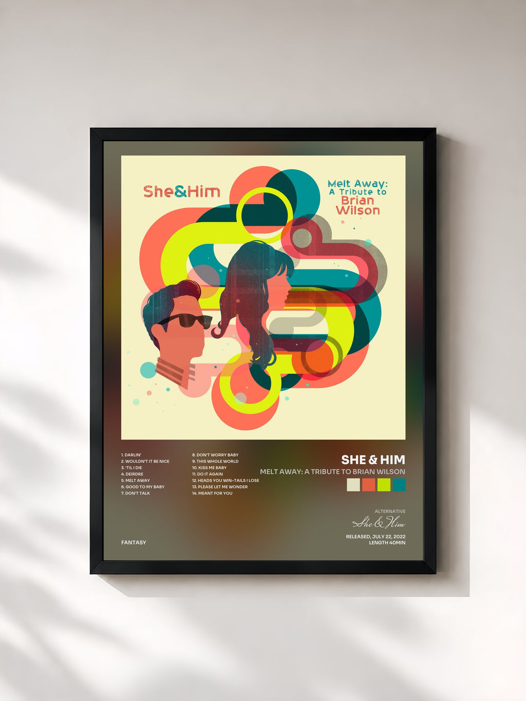 #noir Tableau de l'album Melt Away: A Tribute To Brian Wilson de She & Him, cadre noir, imprimé et encadré en France