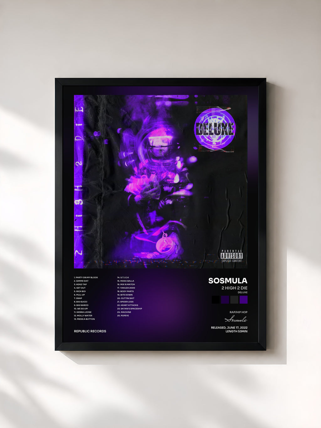 #noir Tableau de l'album 2 HIGH 2 DIE (Deluxe) de Sosmula, cadre noir, imprimé et encadré en France