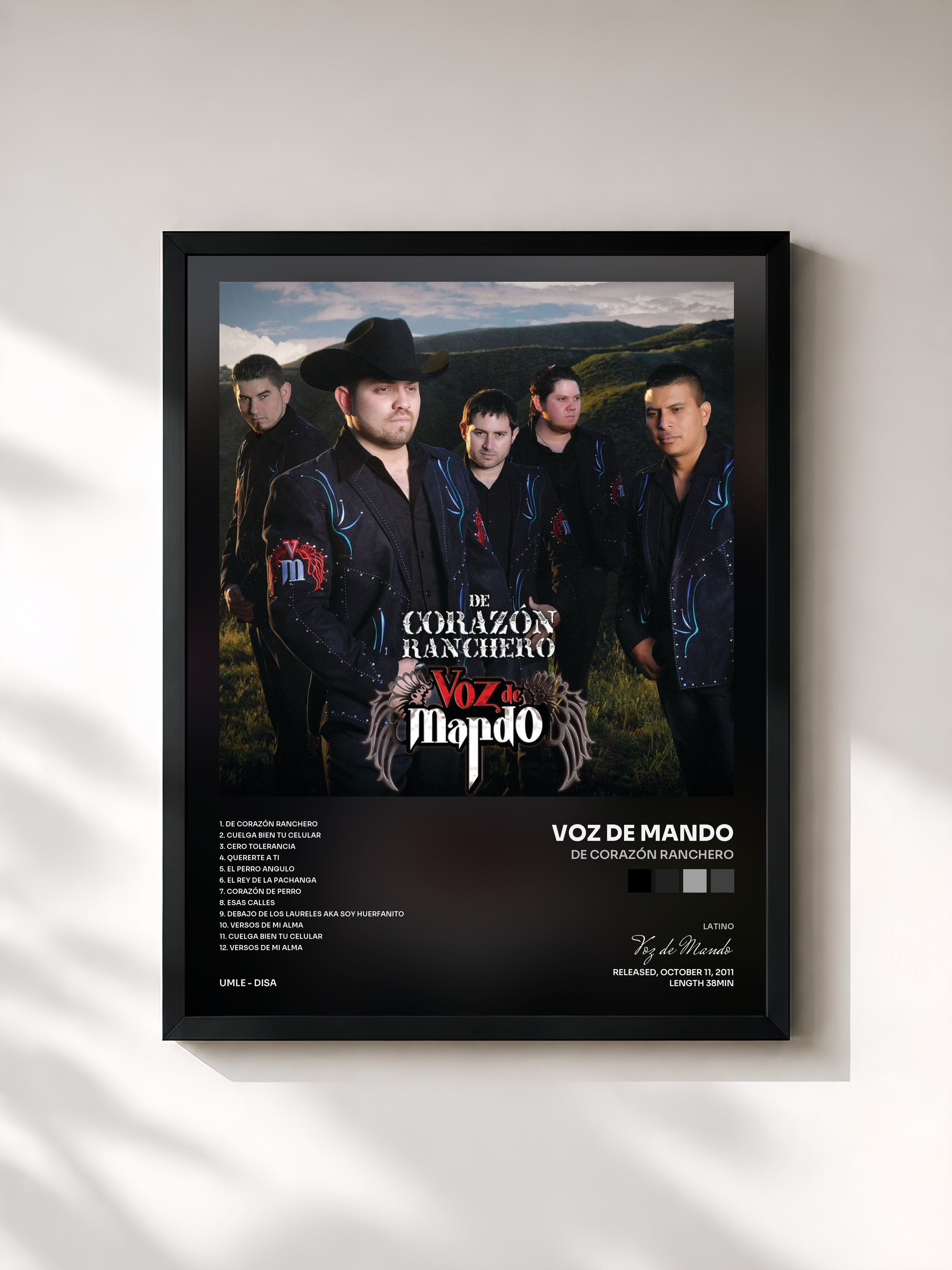 #noir Tableau de l'album De Corazón Ranchero de Voz de Mando, cadre noir, imprimé et encadré en France