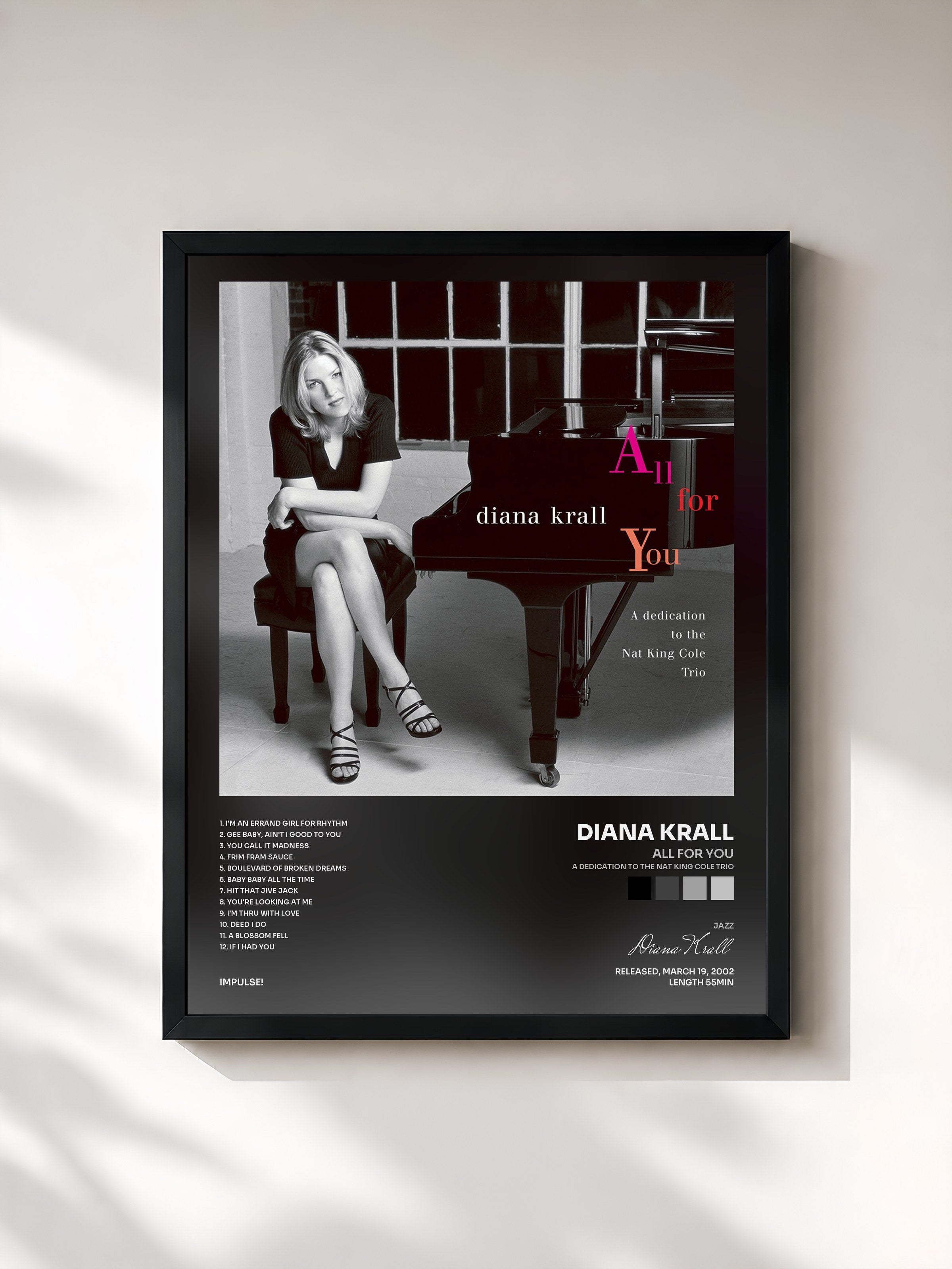 #noir Tableau de l'album All For You (A Dedication To The Nat King Cole Trio) de Diana Krall, cadre noir, imprimé et encadré en France