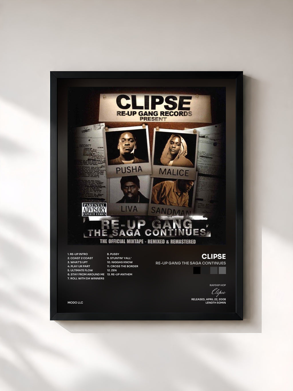 #noir Tableau de l'album Re-Up Gang The Saga Continues de Clipse, cadre noir, imprimé et encadré en France